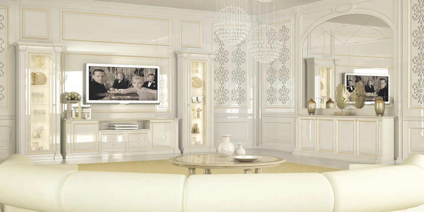 Soggiorno Bellini Bernazzoli laccato bianco lucido con foglia oro e boiserie decorata