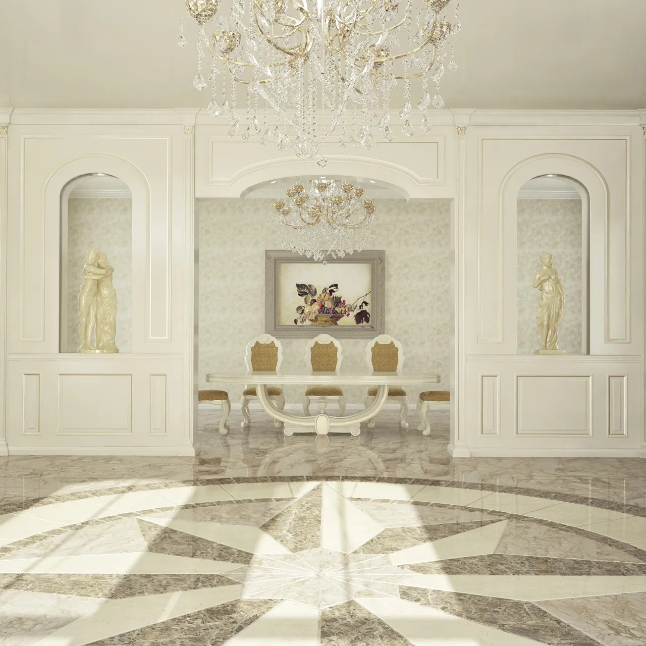 Sala da pranzo con boiserie Bellini Bernazzoli, nicchie ad arco e lampadario