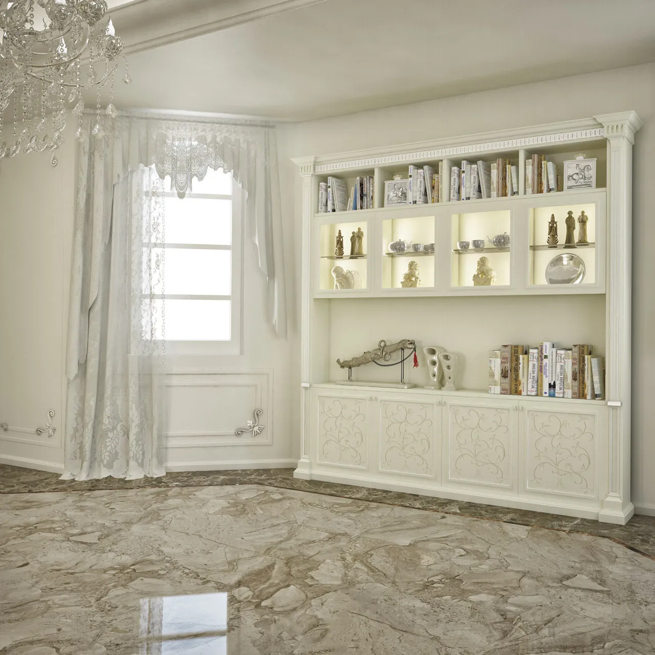 Libreria Donizetti Bernazzoli sotto la finestra con ante decorate e foglia argento