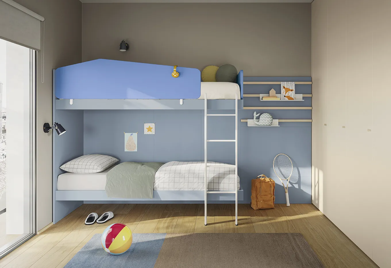 Letti a castello sospesi a parete Golf Kid's Space Colombini azzurri con boiserie a mensole