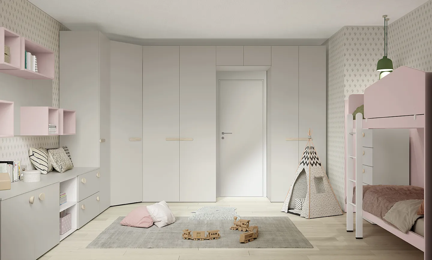 Cameretta Golf Kid's Space Colombini con letto a castello rosa a casetta e armadio a ponte attorno alla porta