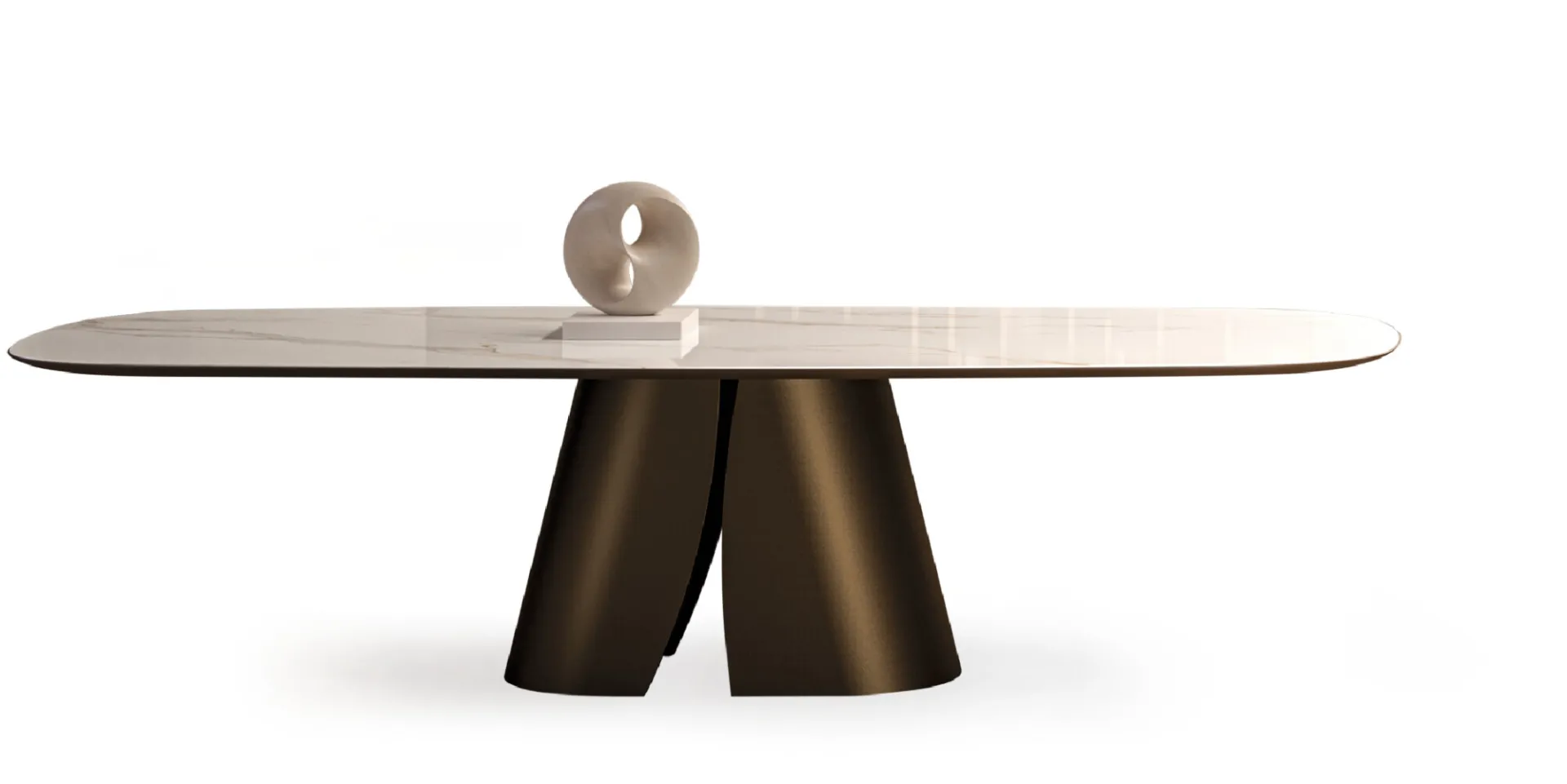 Tavolo Cosmopolitan Ceramics Devina Nais con piano in gres e basamento color bronzo, su fondo bianco