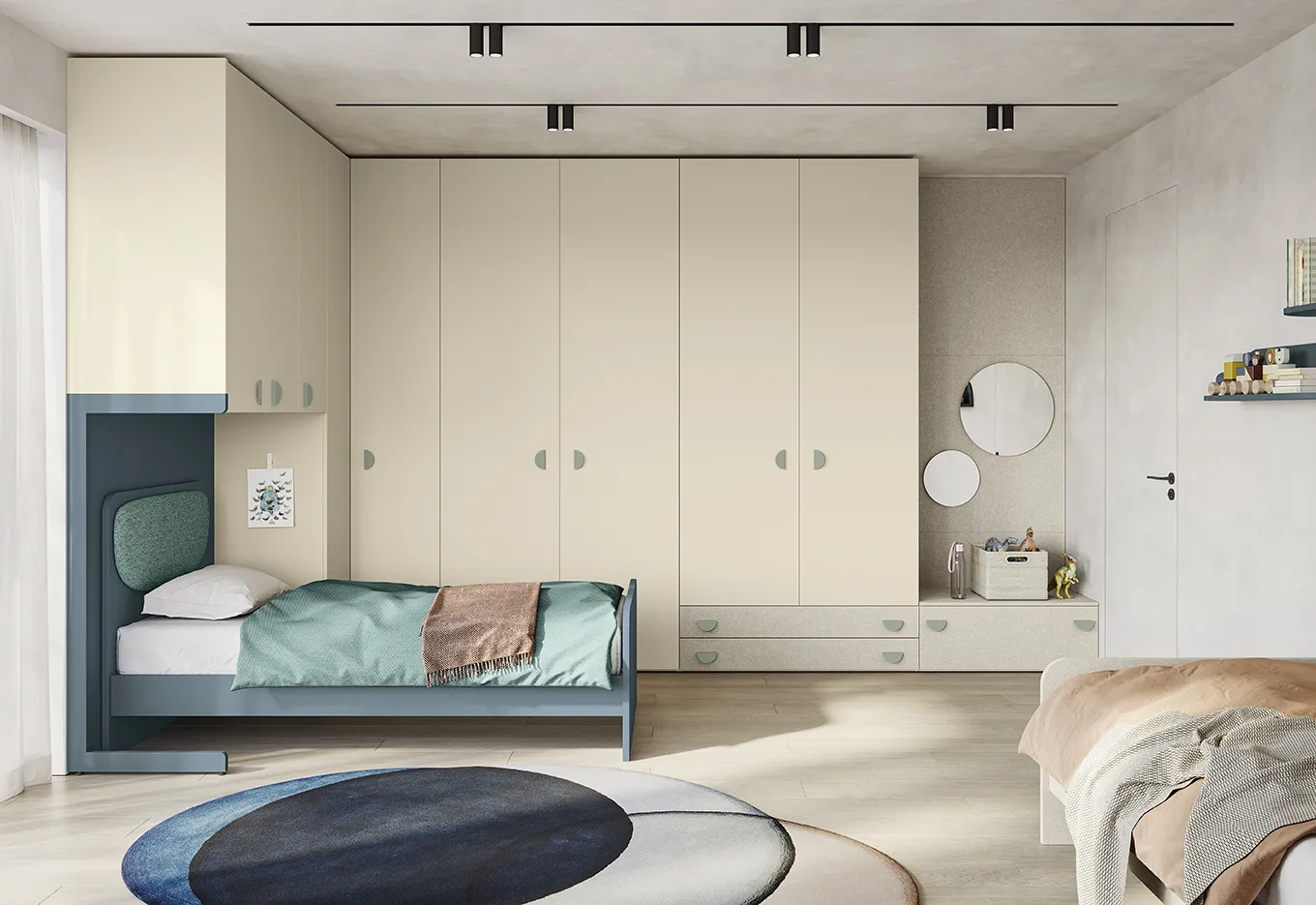 Cameretta a ponte Golf Kid's Space Colombini con armadio crema ad angolo sopra il letto a testata verde