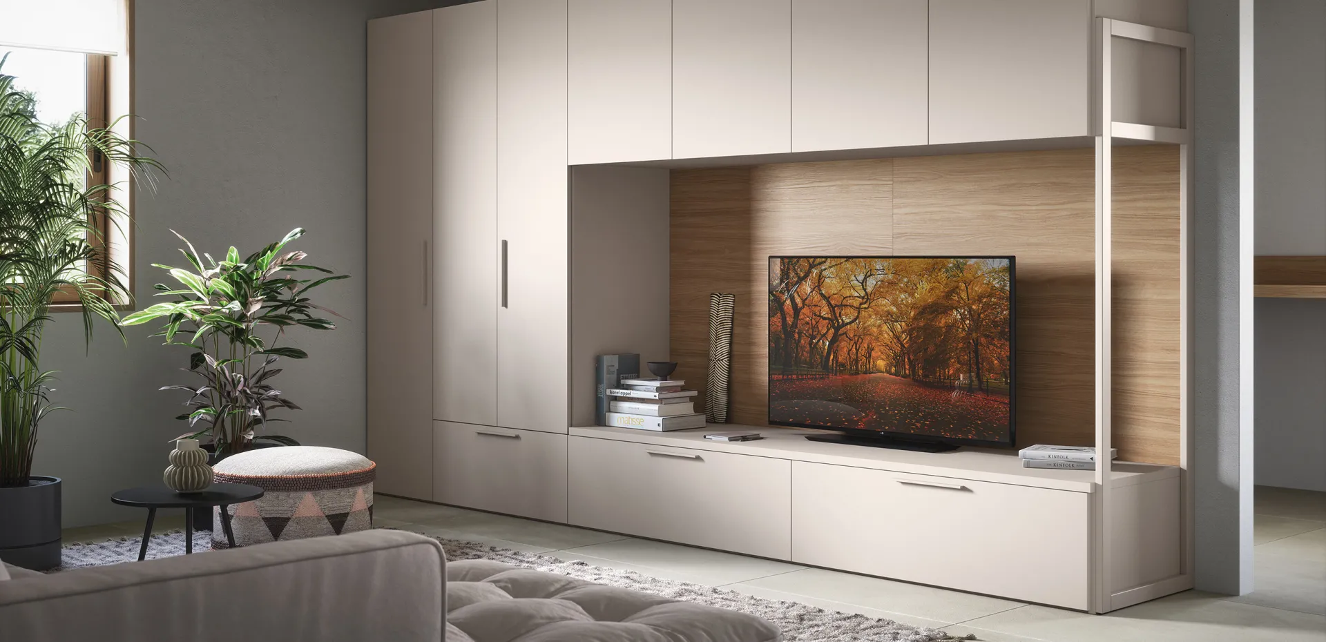 Boiserie Arnad Cinquanta3 in ecolegno dietro il televisore tra colonne laccate