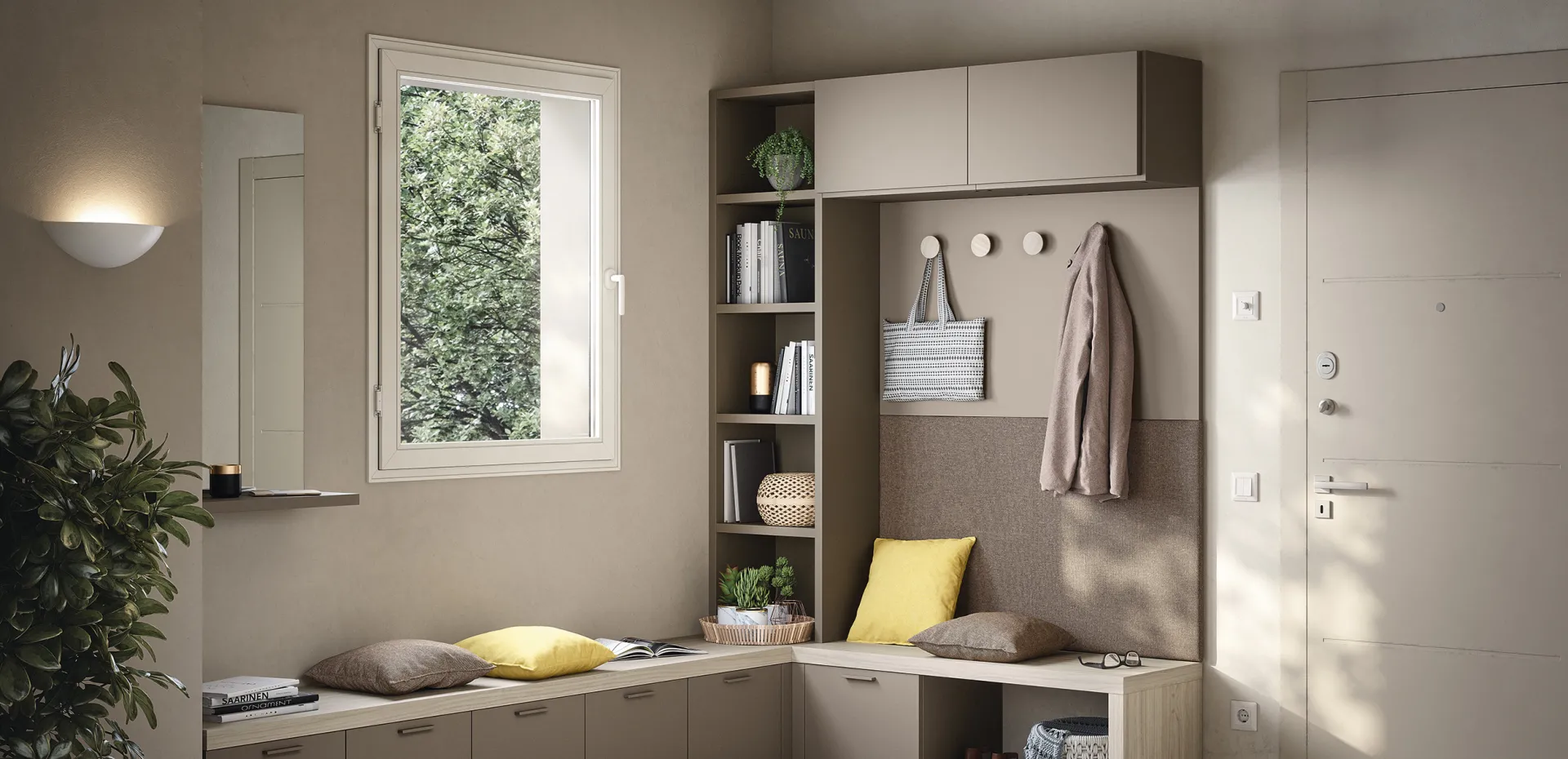 Boiserie Arnad Cinquanta3 tortora in ingresso con panca e pomoli appendiabiti