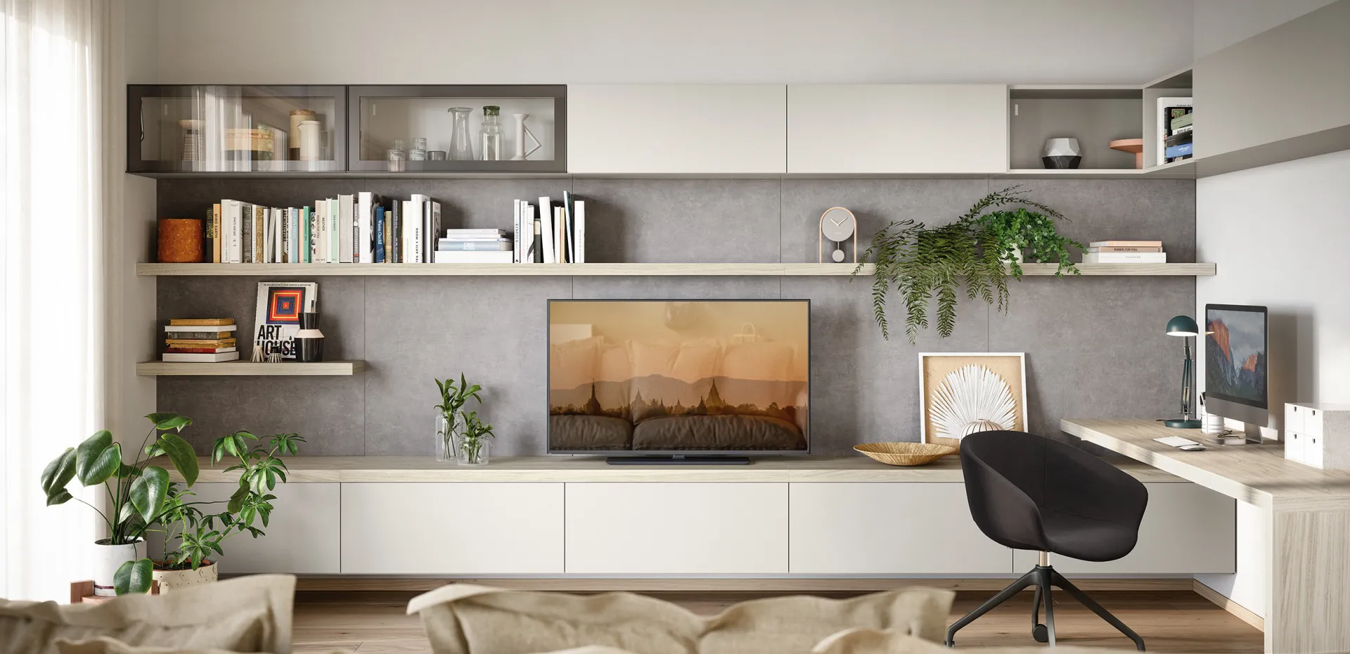 Boiserie Arnad Cinquanta3 effetto cemento con mensole e mobile TV in soggiorno