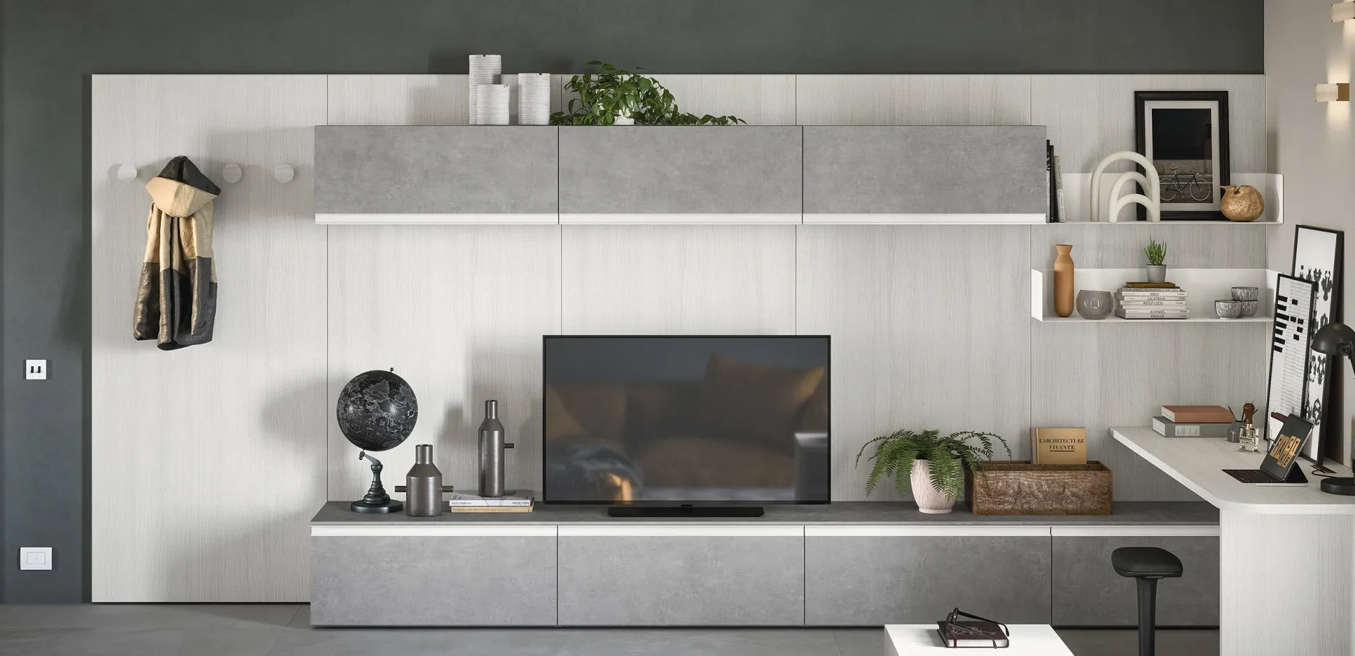 Boiserie Cover Cinquanta3 effetto legno chiaro con mobile TV e mensole in soggiorno