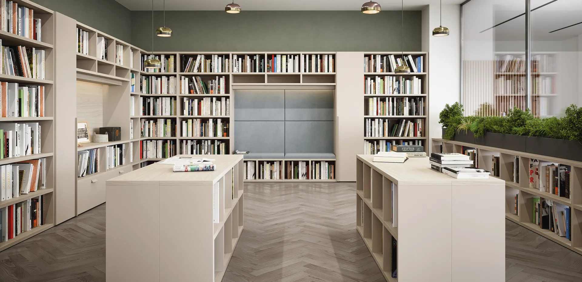 Libreria a ponte Cinquanta3 su più pareti di una biblioteca con banconi centrali