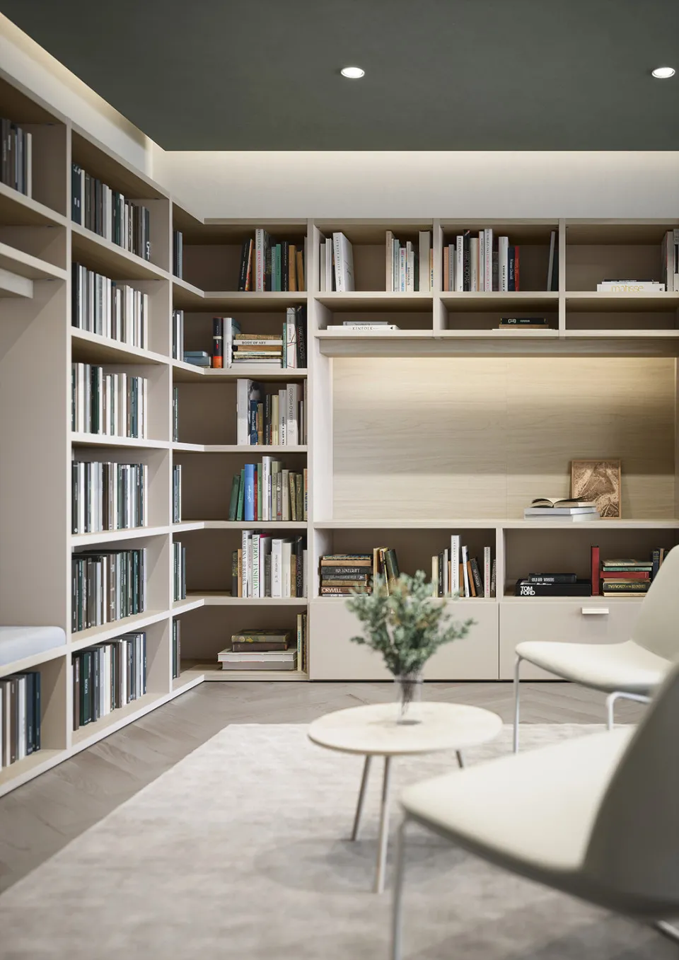 Libreria a ponte Cinquanta3 ad angolo in un angolo lettura