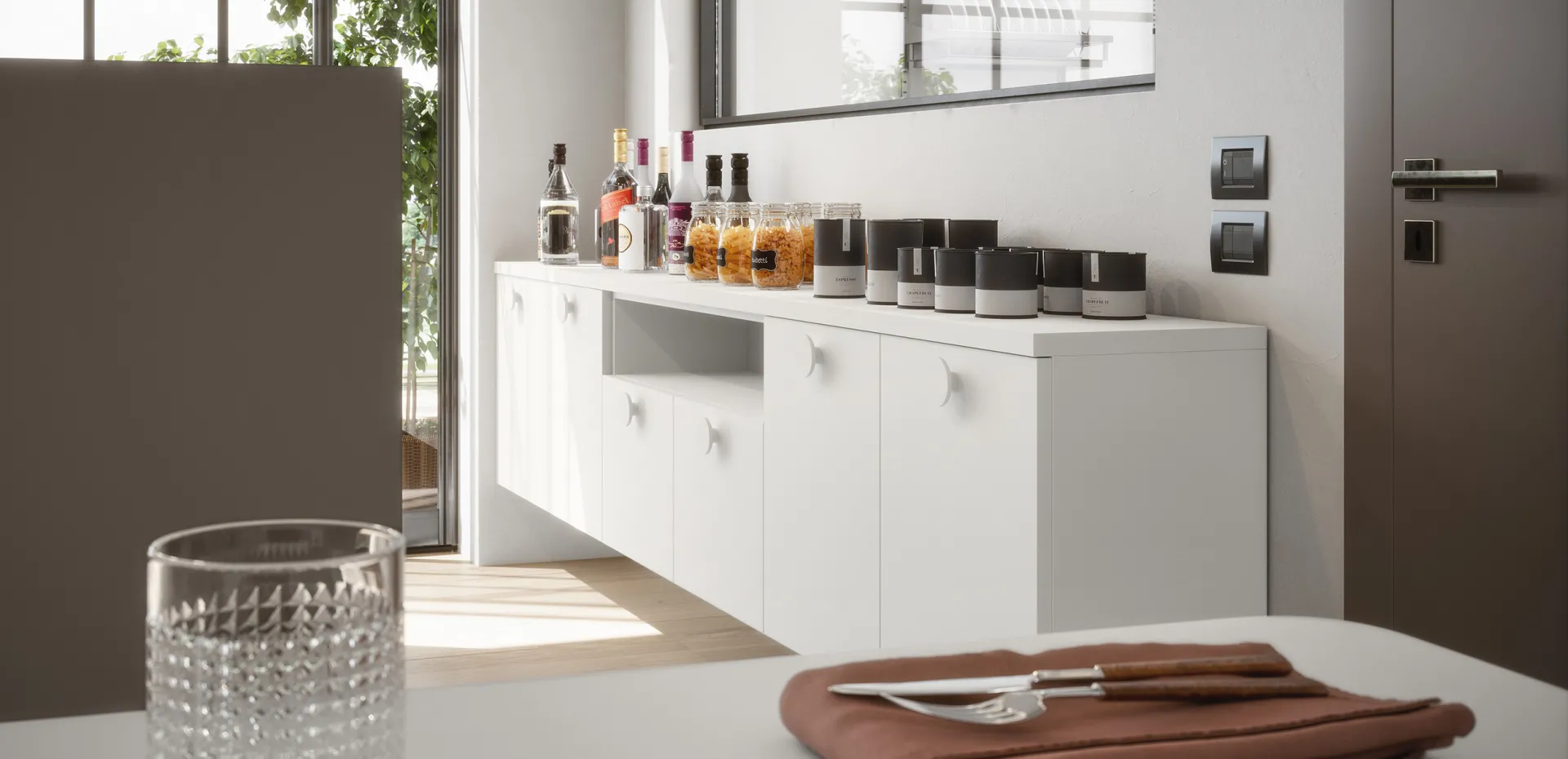 Basi contenitore Cinquanta3 sospese bianche con piano a giorno in cucina