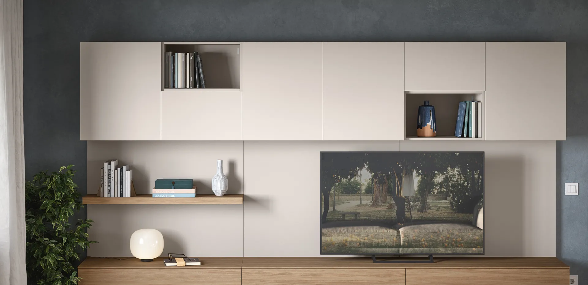 Pensili Cinquanta3 color canapa a tutta parete sopra il mobile TV con vani a giorno