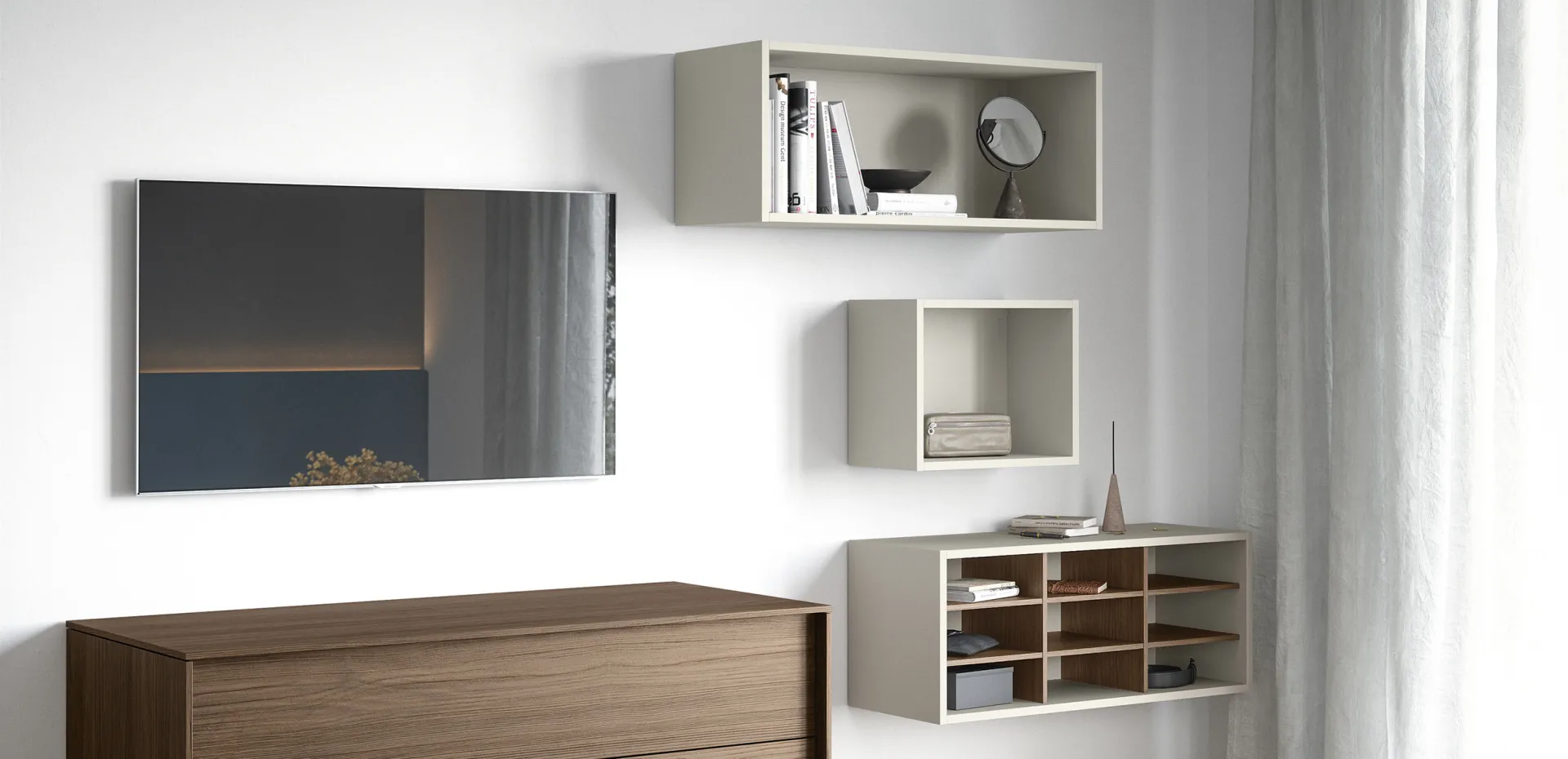 Casellari Cinquanta3 bianchi e ecolegno con specchio sopra la cassettiera