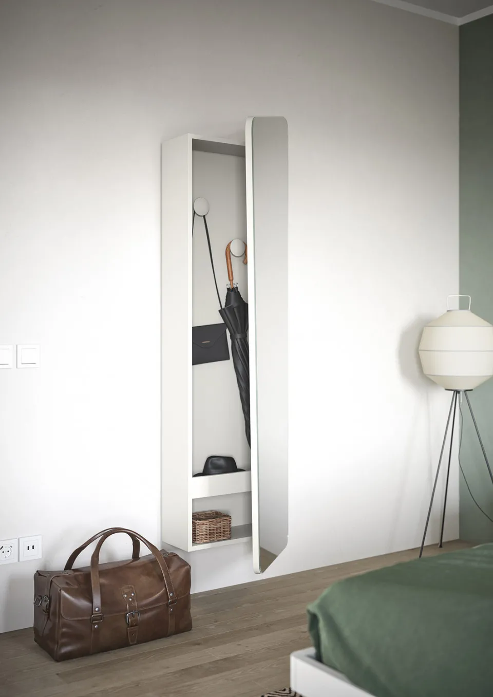 Contenitore Ginevra Cinquanta3 con anta a specchio alta accanto al letto