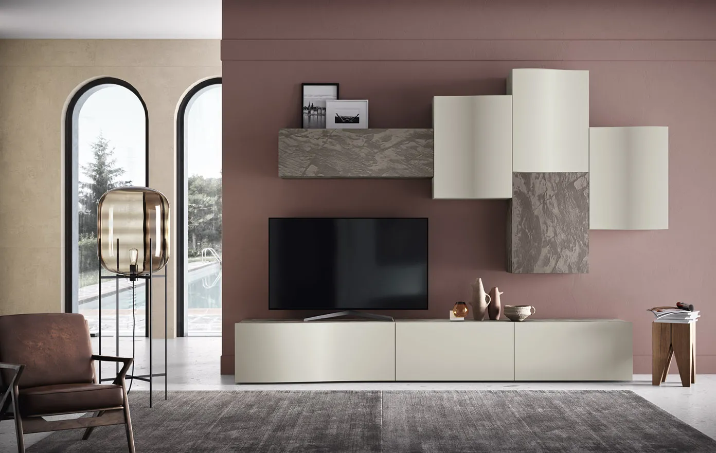Soggiorno componibile 05 Corso 11 con base porta TV chiara e pensili sfalsati in effetto pietra