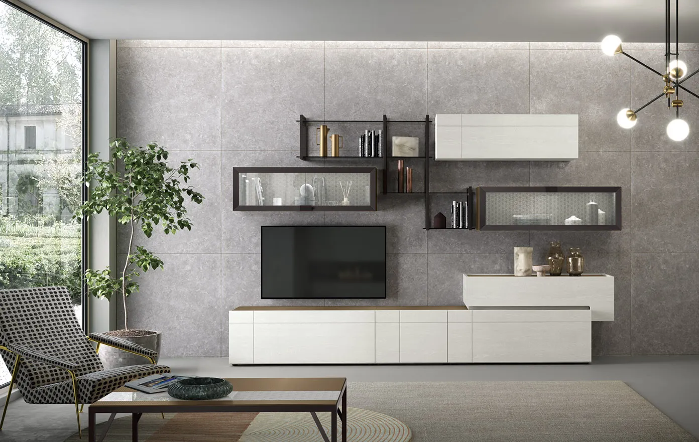 Soggiorno componibile 07 Corso 11 con mensole a telaio metallico e base bianca