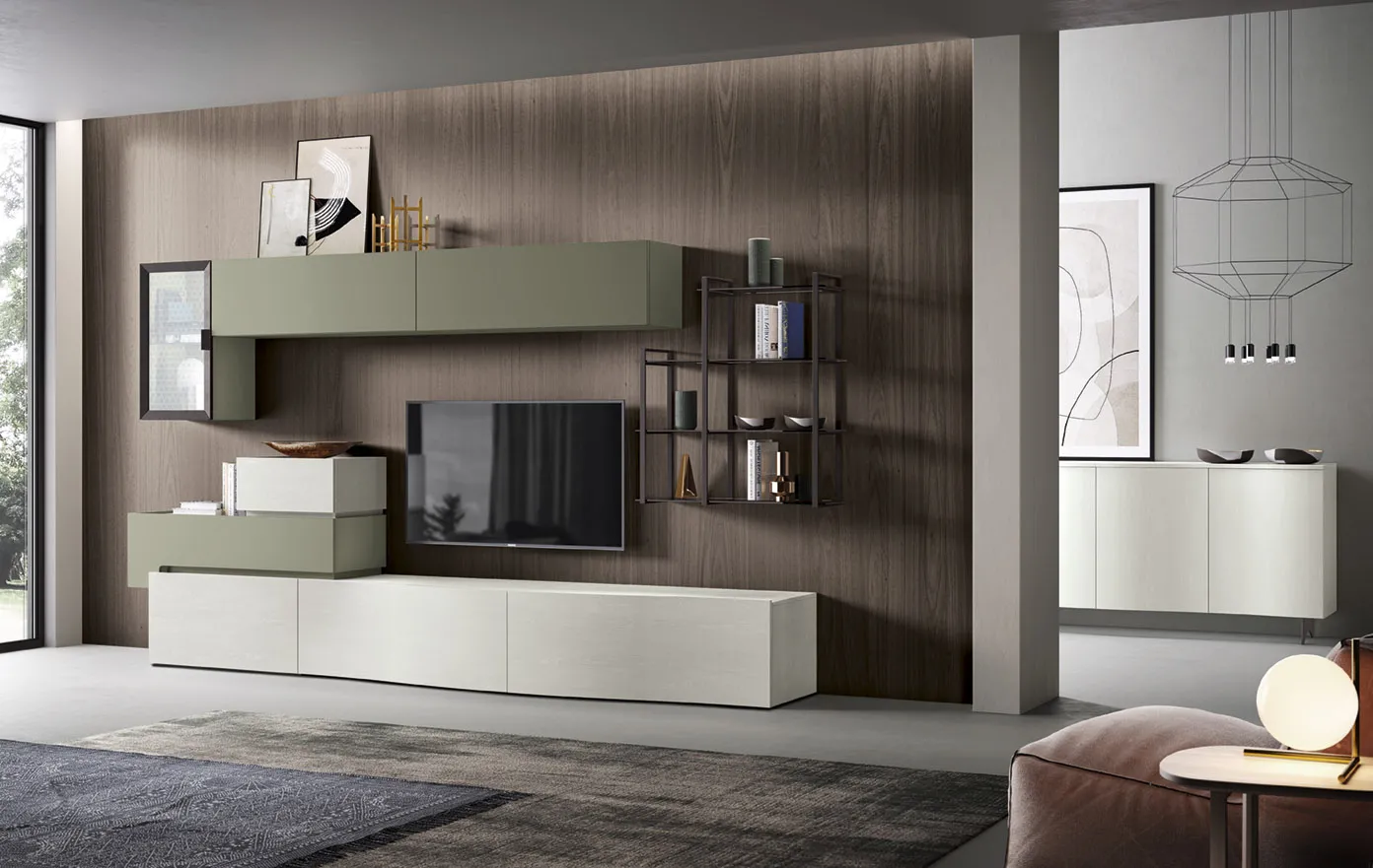 Soggiorno componibile 08 Corso 11 con boiserie scura, base bianca e pensile verde oliva