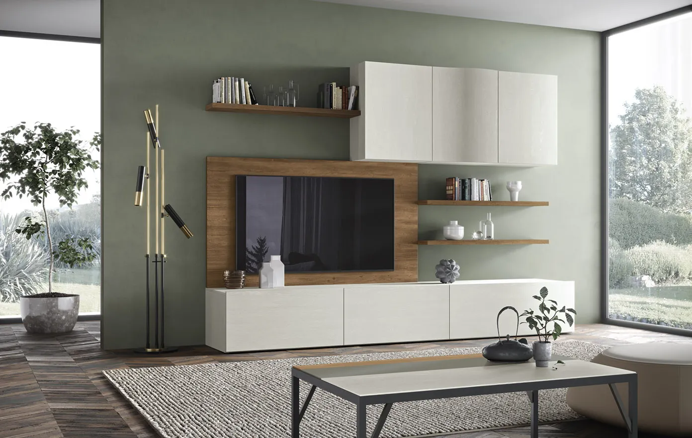 Soggiorno componibile 11 Corso 11 bianco con pannello porta TV in legno e mensole