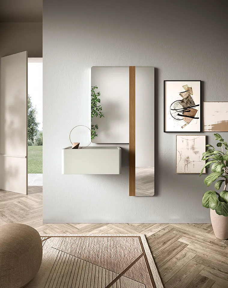 Mobile ingresso 05 Corso 11 con specchio verticale a fascia in legno e cassettone bianco