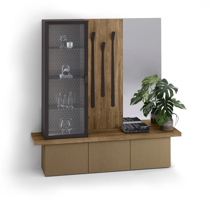 Mobile ingresso 10 Corso 11 con base bronzo, vetrina a colonna e pannello appendiabiti