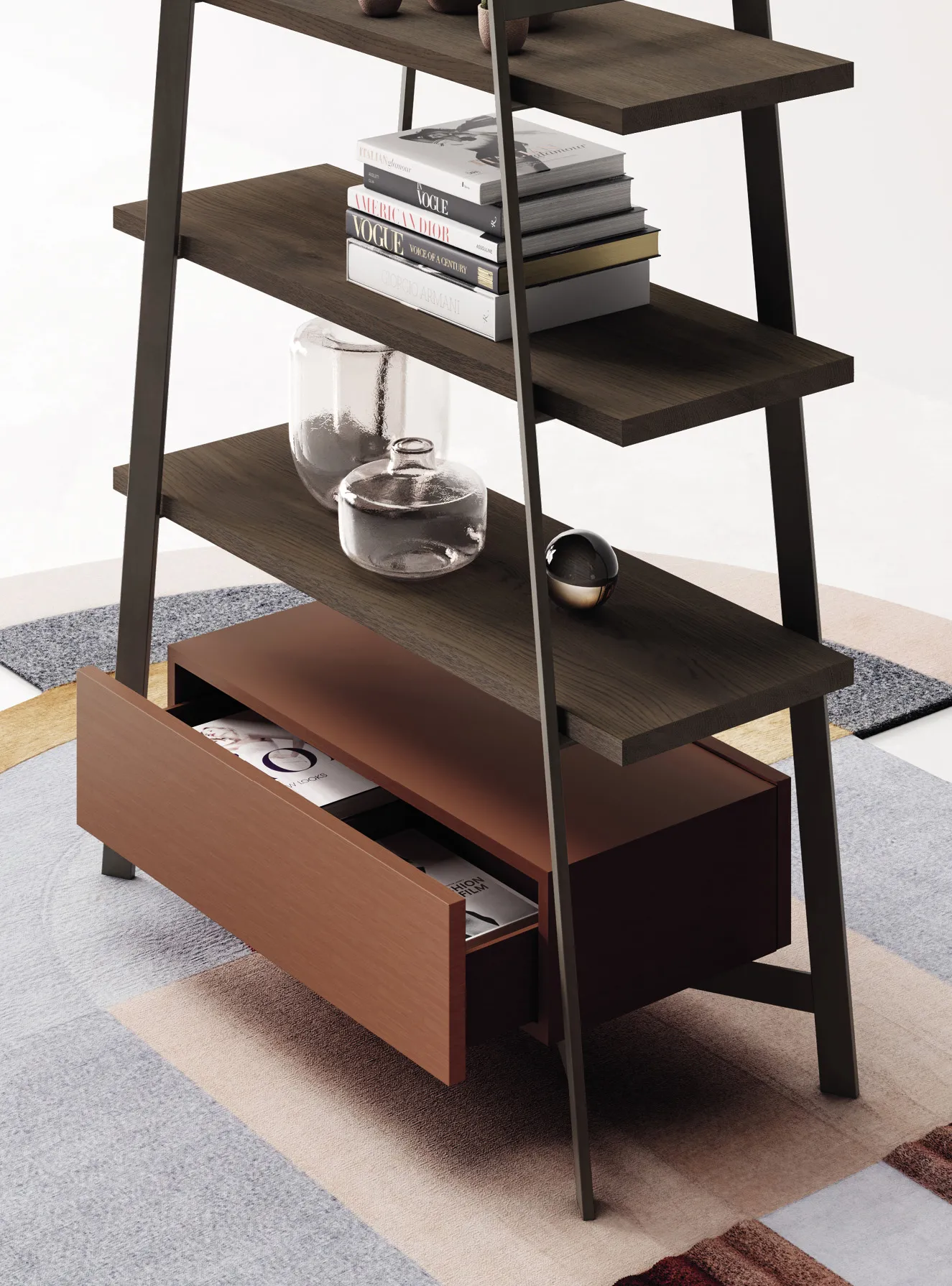 Cassetto aperto della libreria Step Devina Nais sotto i ripiani in legno