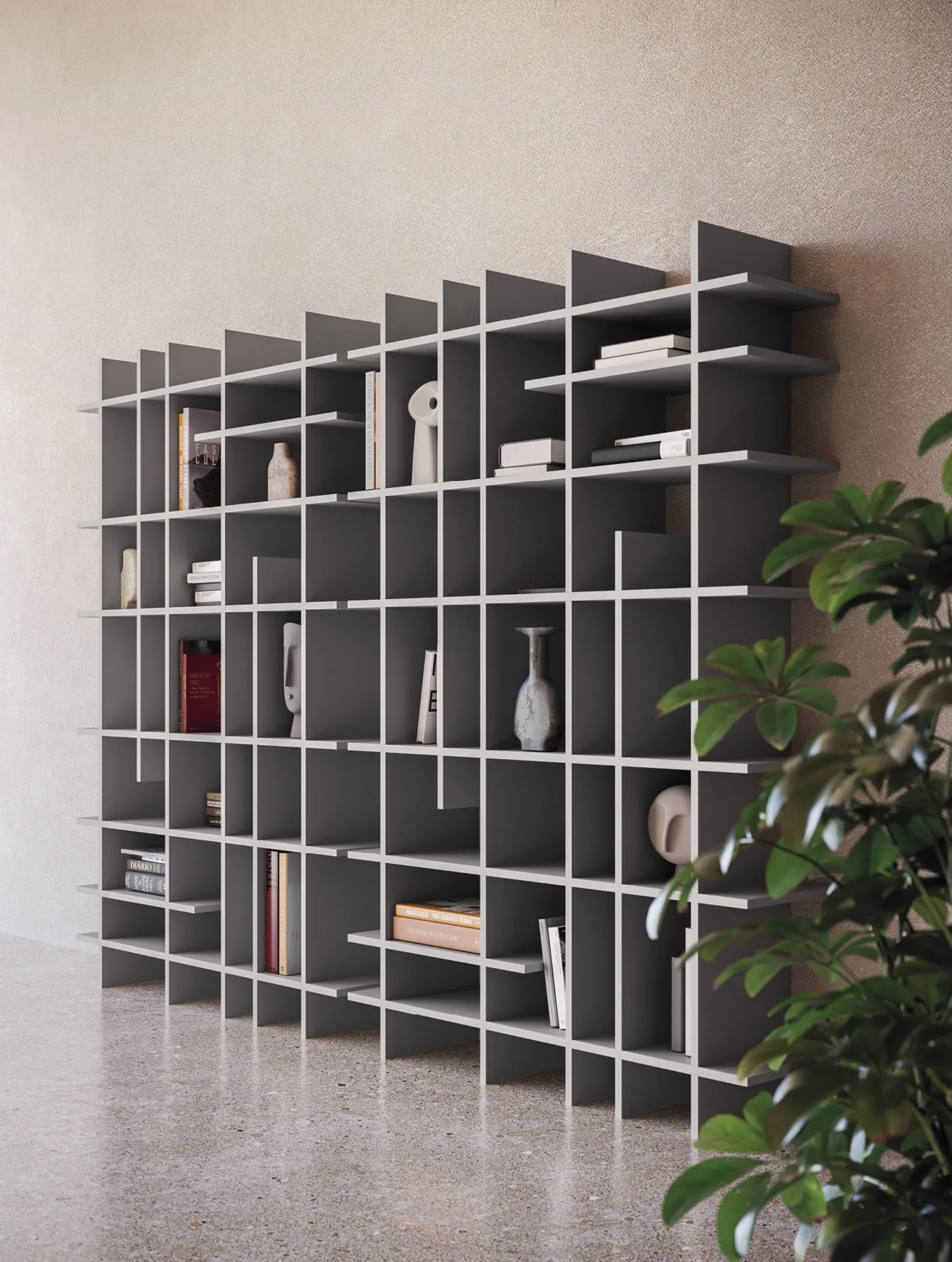 Libreria Ritmo Devina Nais grigio scuro a terra con vani di misure diverse