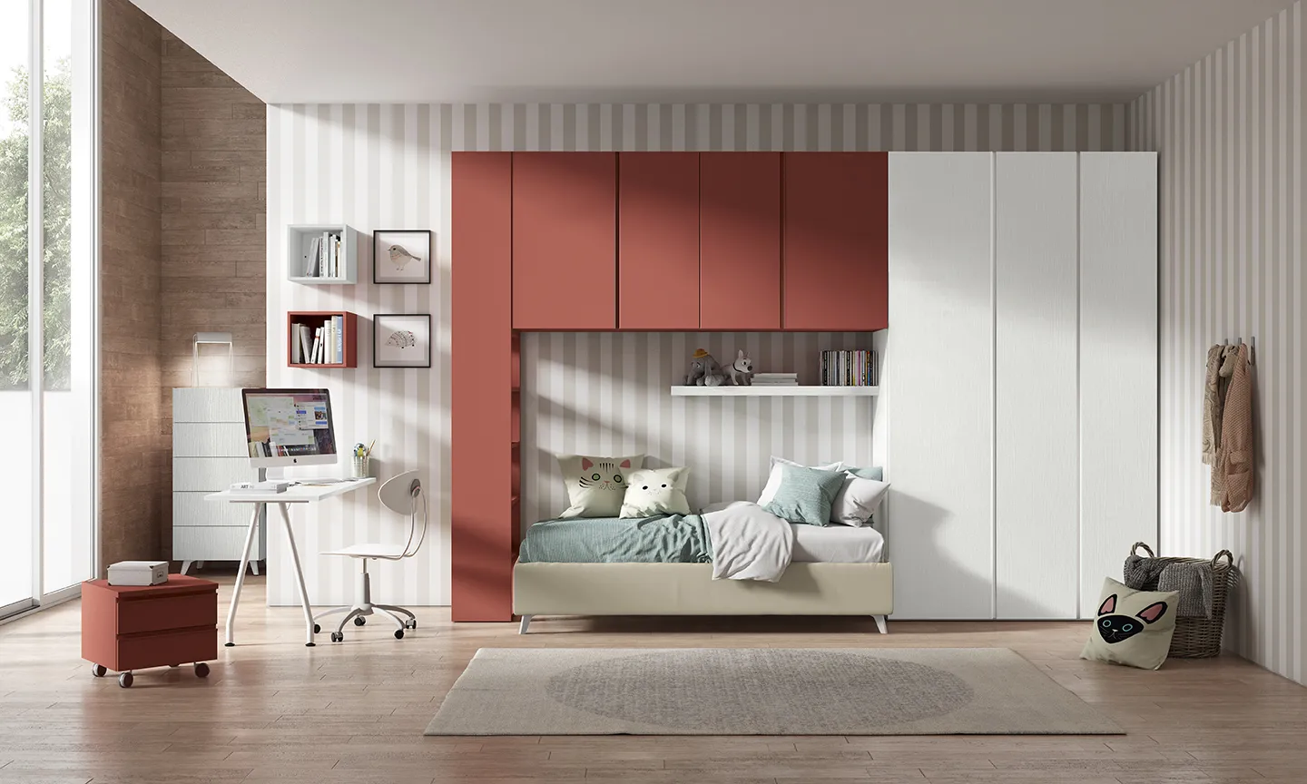 Cameretta a ponte Golf Kid's Space Colombini rossa e bianca con letto sotto il ponte e scrivania