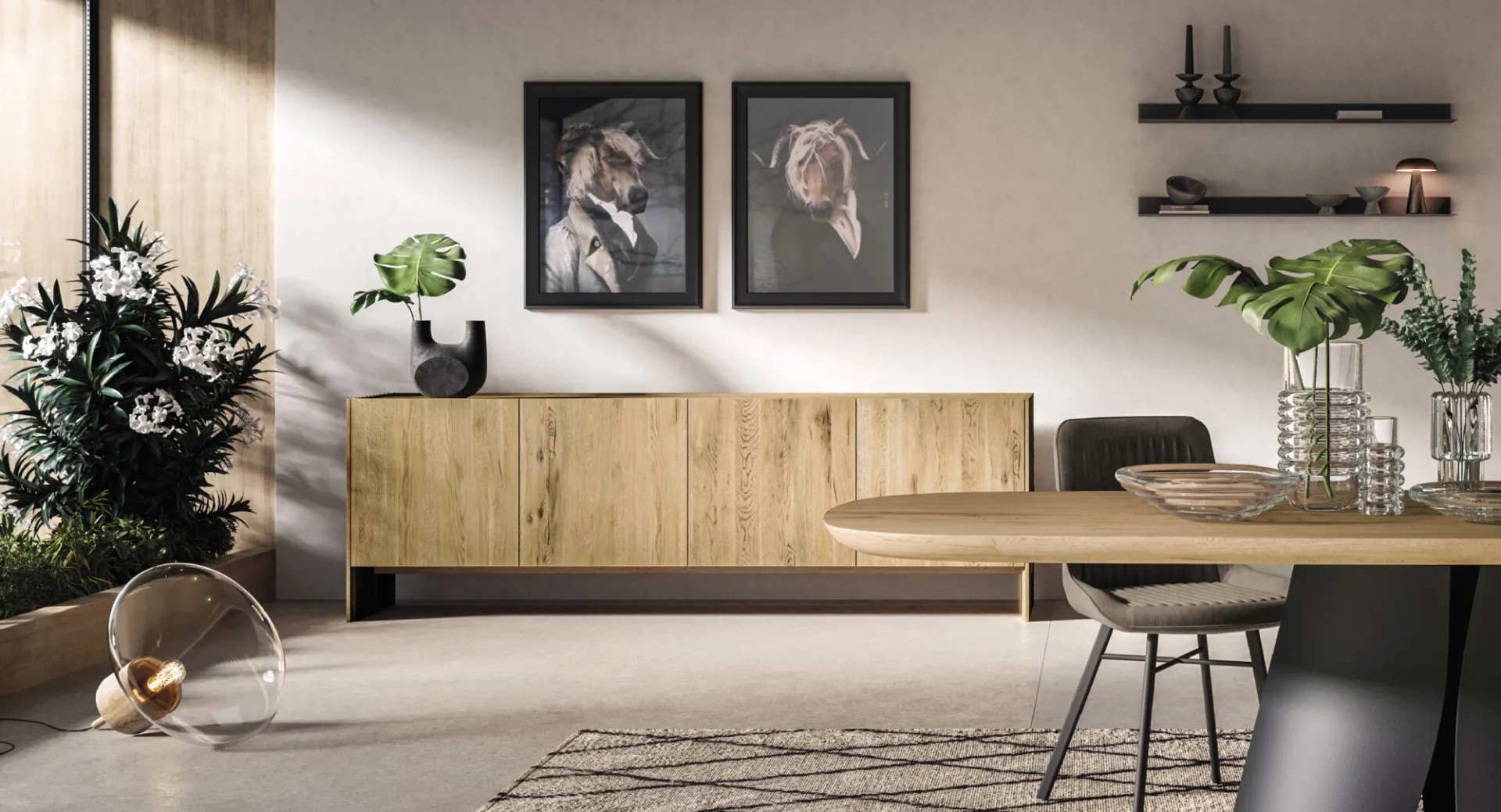 Madia Arbor Devina Nais in rovere chiaro in un soggiorno con quadri
