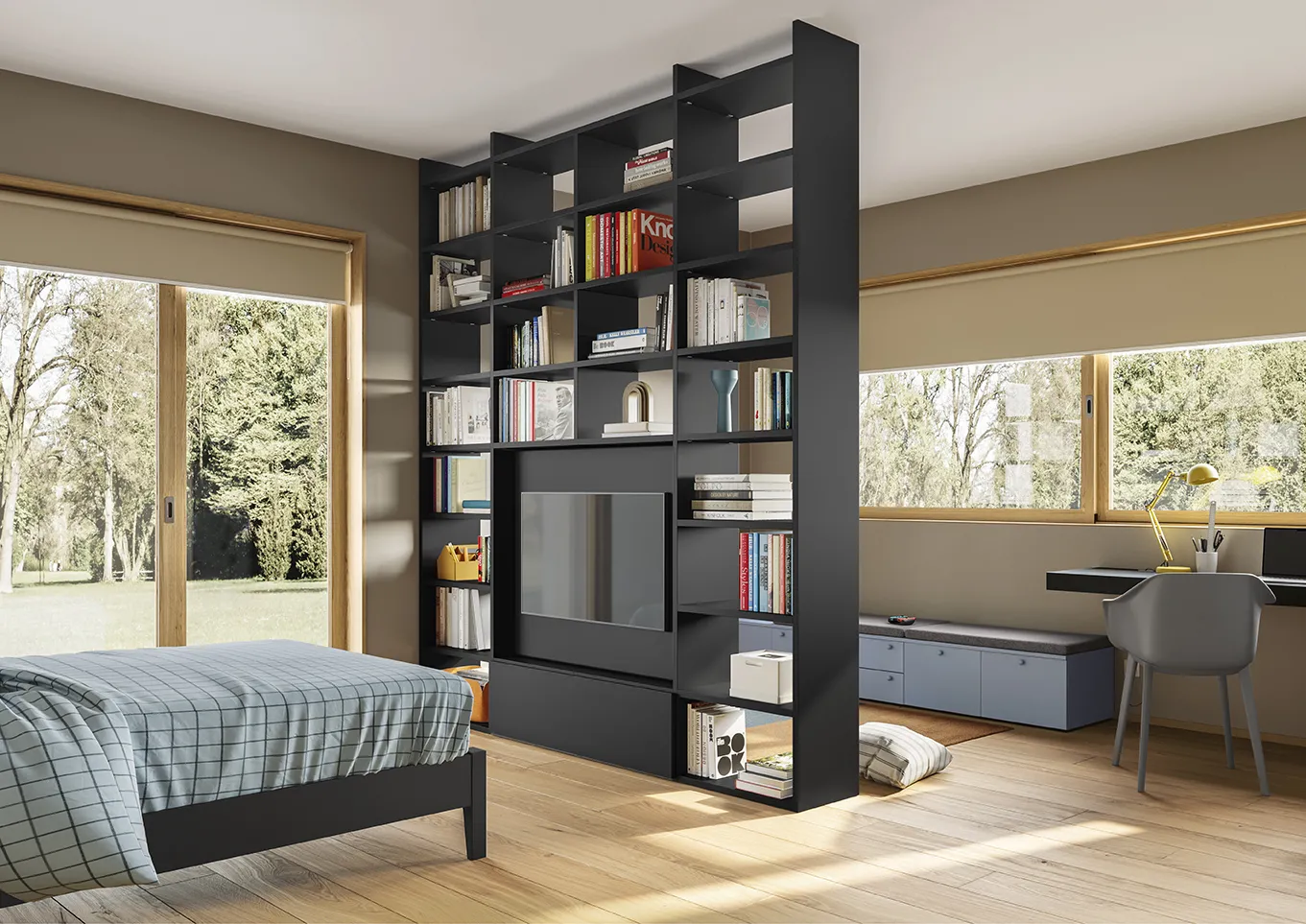 Camera ragazzi Golf Young's Space Colombini con libreria bifacciale nera e vano tv tra letto e scrivania
