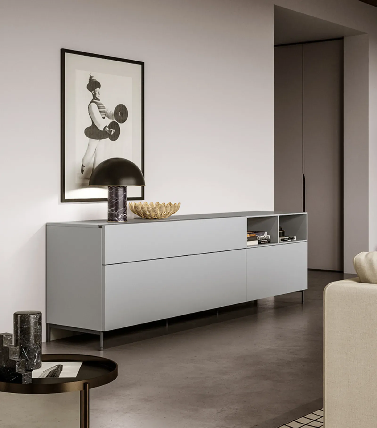 Madia Low Dielle Modus grigio chiaro con vano a giorno in un soggiorno