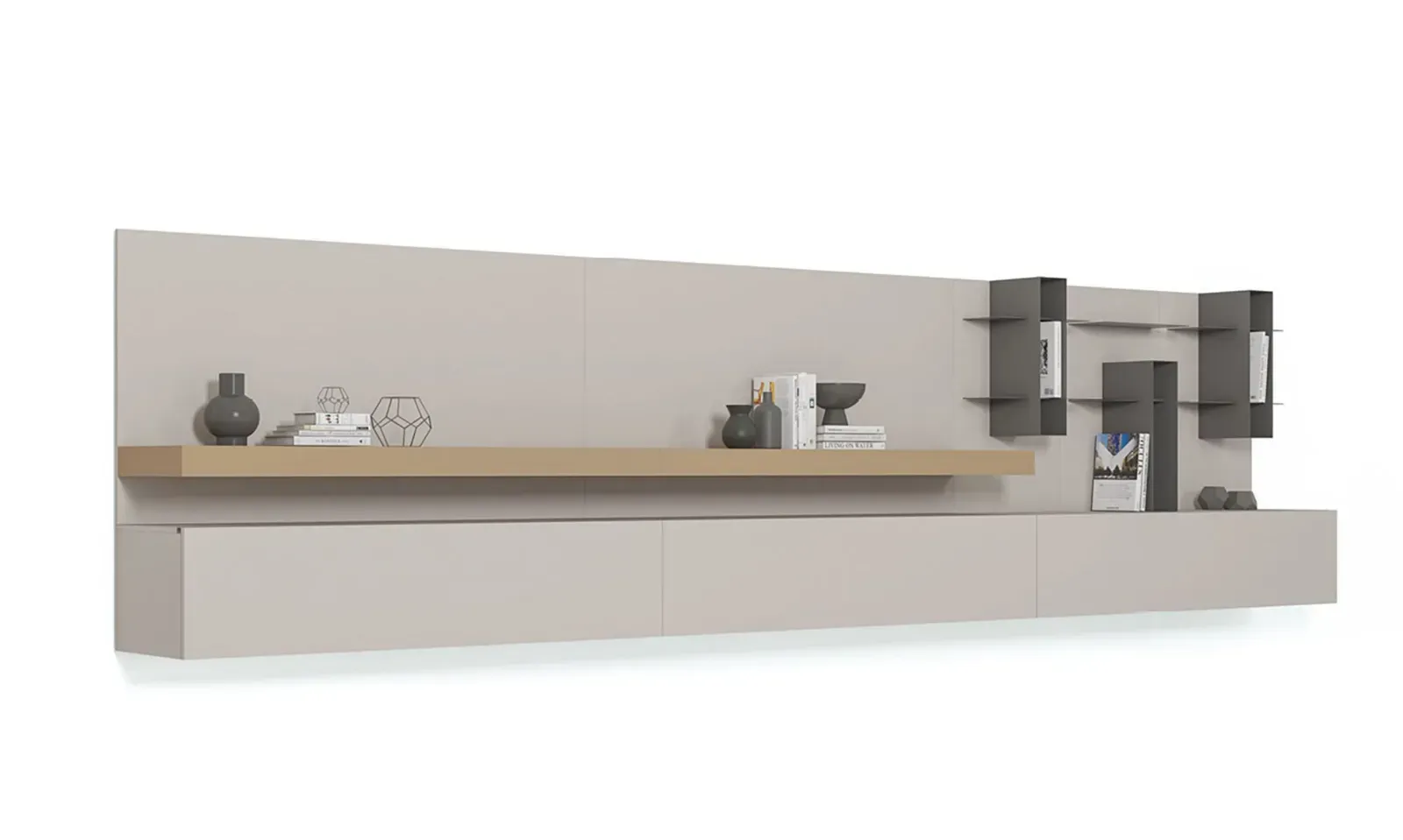Parete Line Up 01 Dielle Modus in finitura chiara con box metallici, su fondo bianco