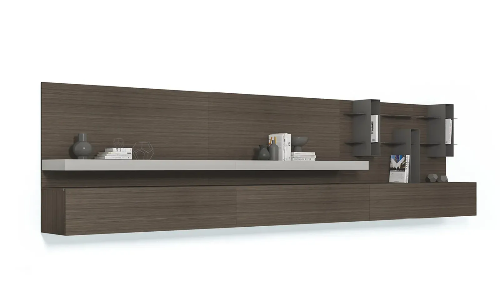 Parete Line Up 01 Dielle Modus in legno scuro con mensola e box neri