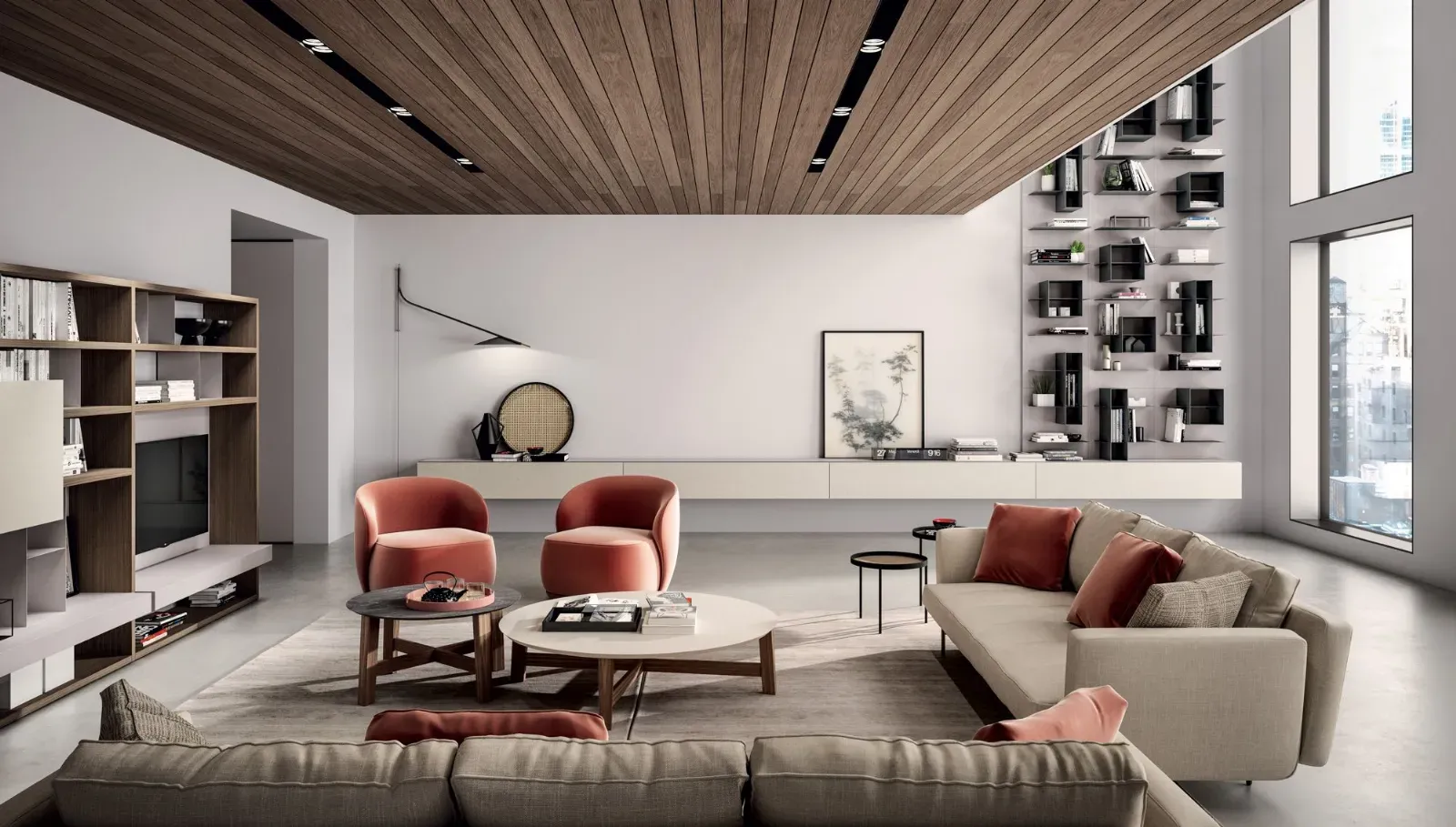 Soggiorno con parete attrezzata Line Up 11 Dielle Modus alta fino al soffitto e base sospesa