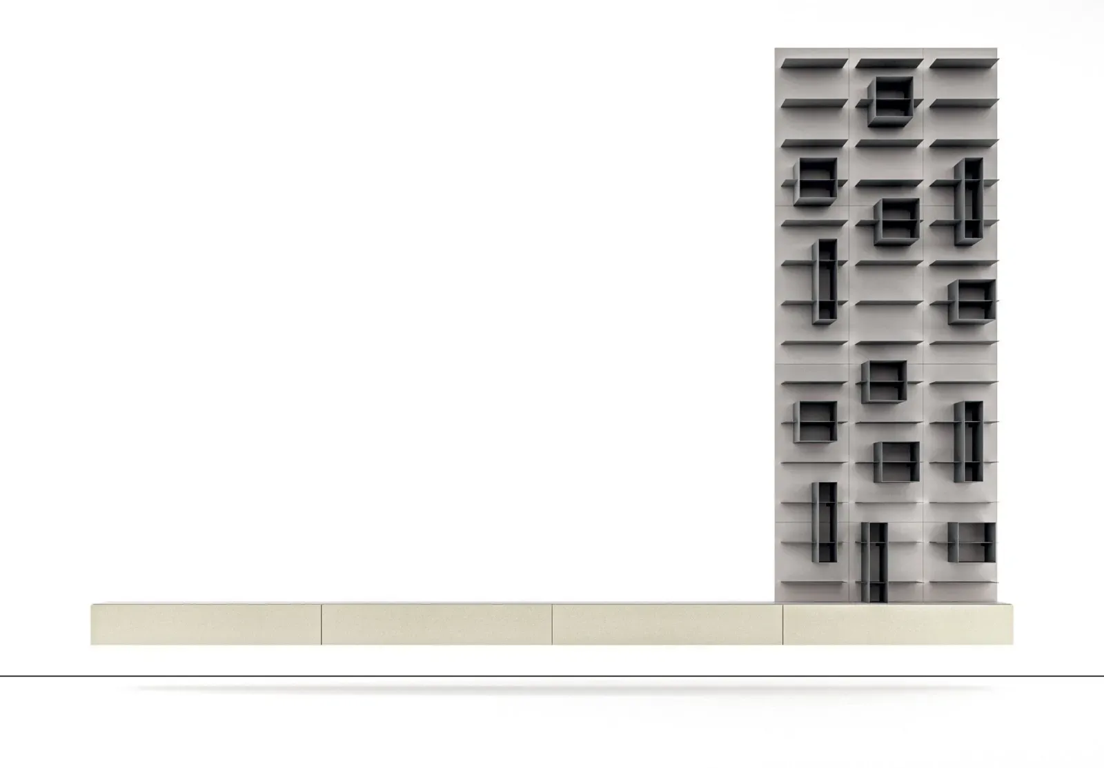 Parete Line Up 11 Dielle Modus con boiserie verticale e lunga base sospesa, su fondo bianco