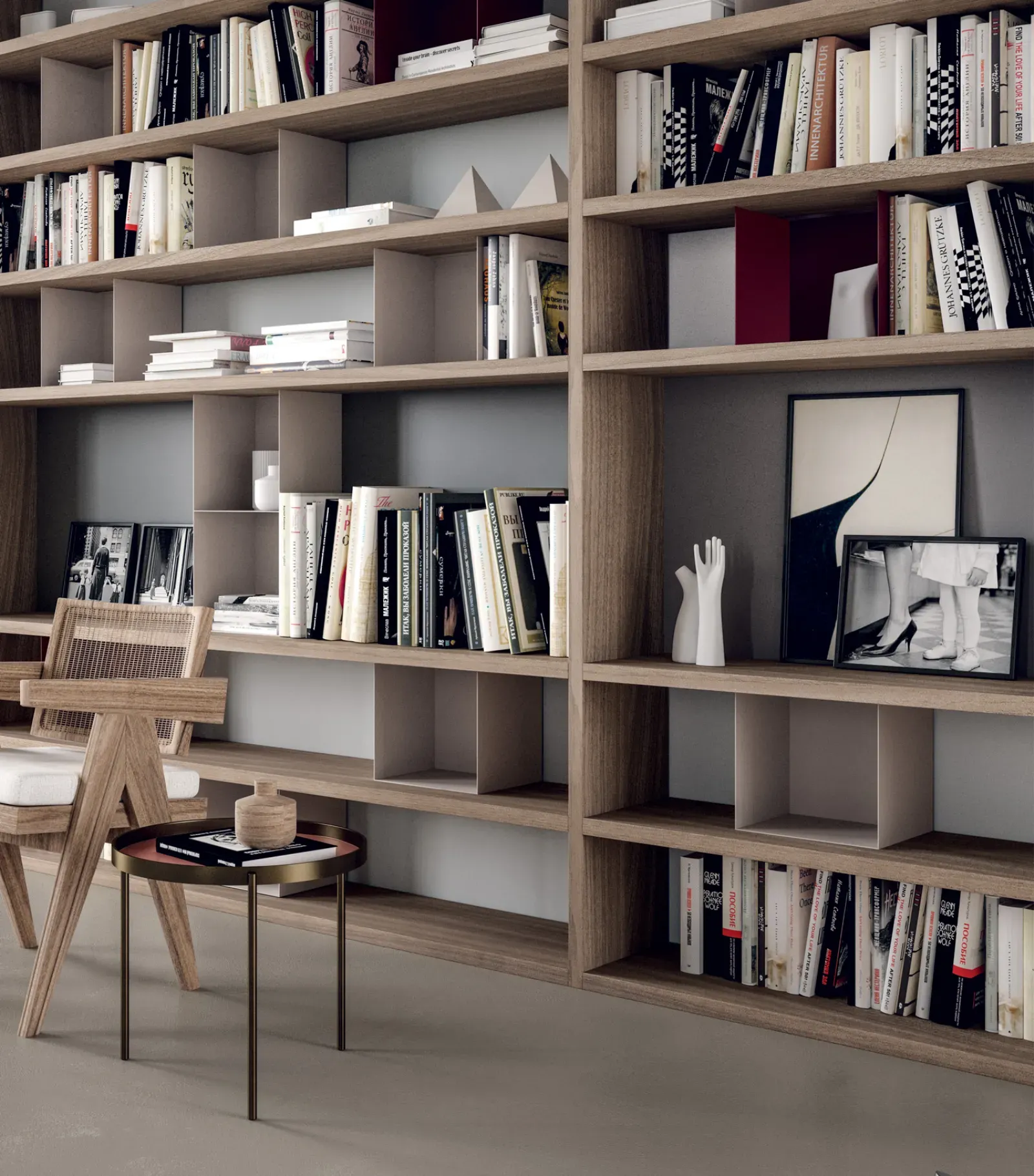 Libreria Line Up 03 Dielle Modus in noce con box metallici, vista ravvicinata