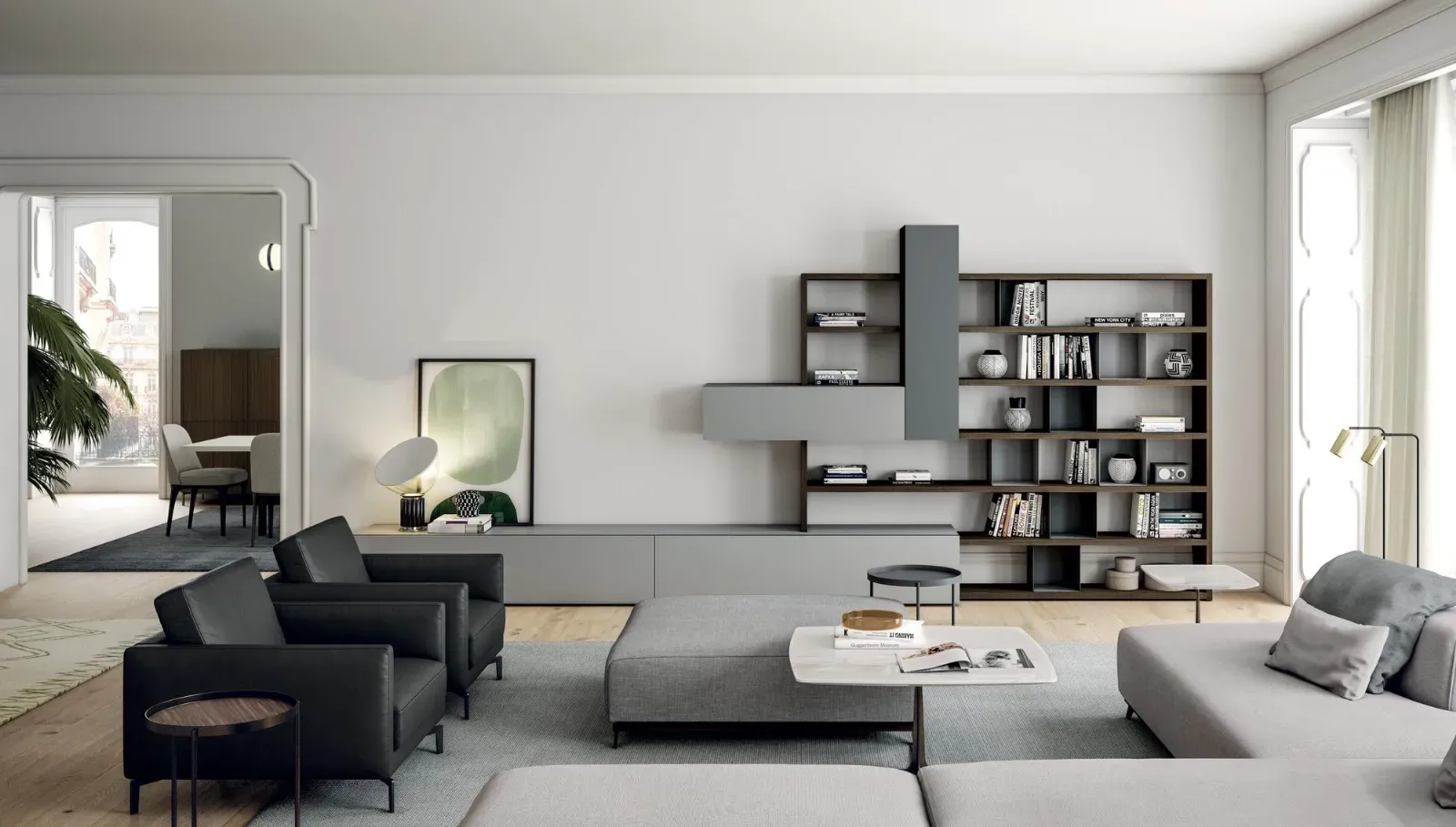 Libreria Line Up 06 Dielle Modus con base a terra e pensili integrati in un soggiorno