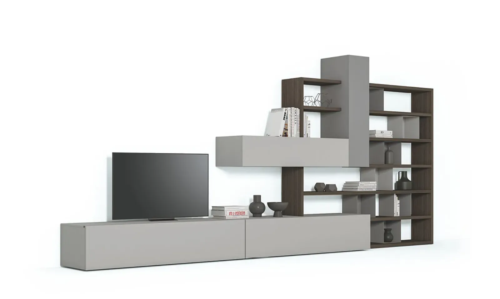 Libreria Line Up 06 Dielle Modus in legno scuro con base grigia e TV, su fondo bianco