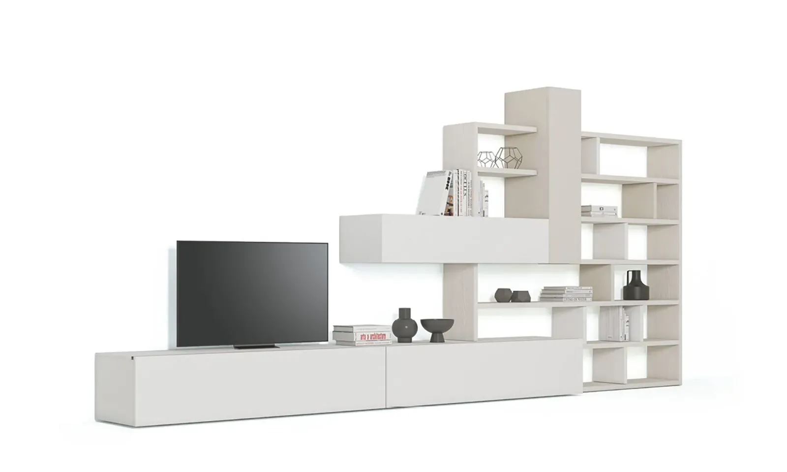 Libreria Line Up 06 Dielle Modus in versione chiara con base e pensili, su fondo bianco
