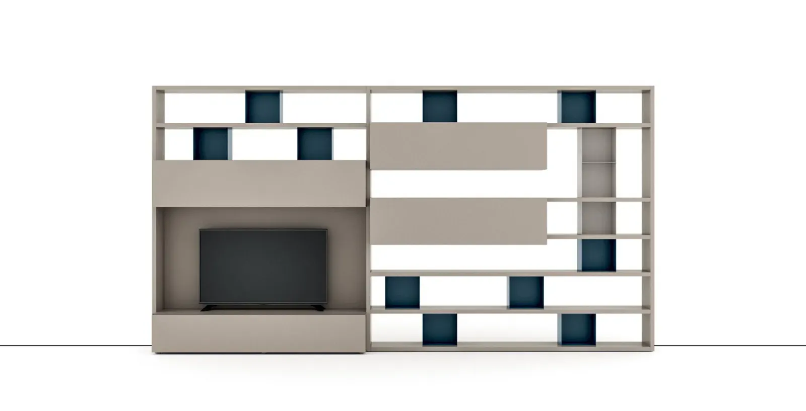 Vista frontale della libreria porta TV Line Up 08 Dielle Modus con box blu