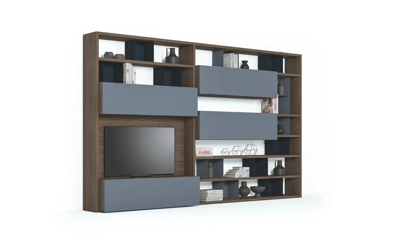 Libreria porta TV Line Up 08 Dielle Modus in legno scuro e ante azzurre, su fondo bianco