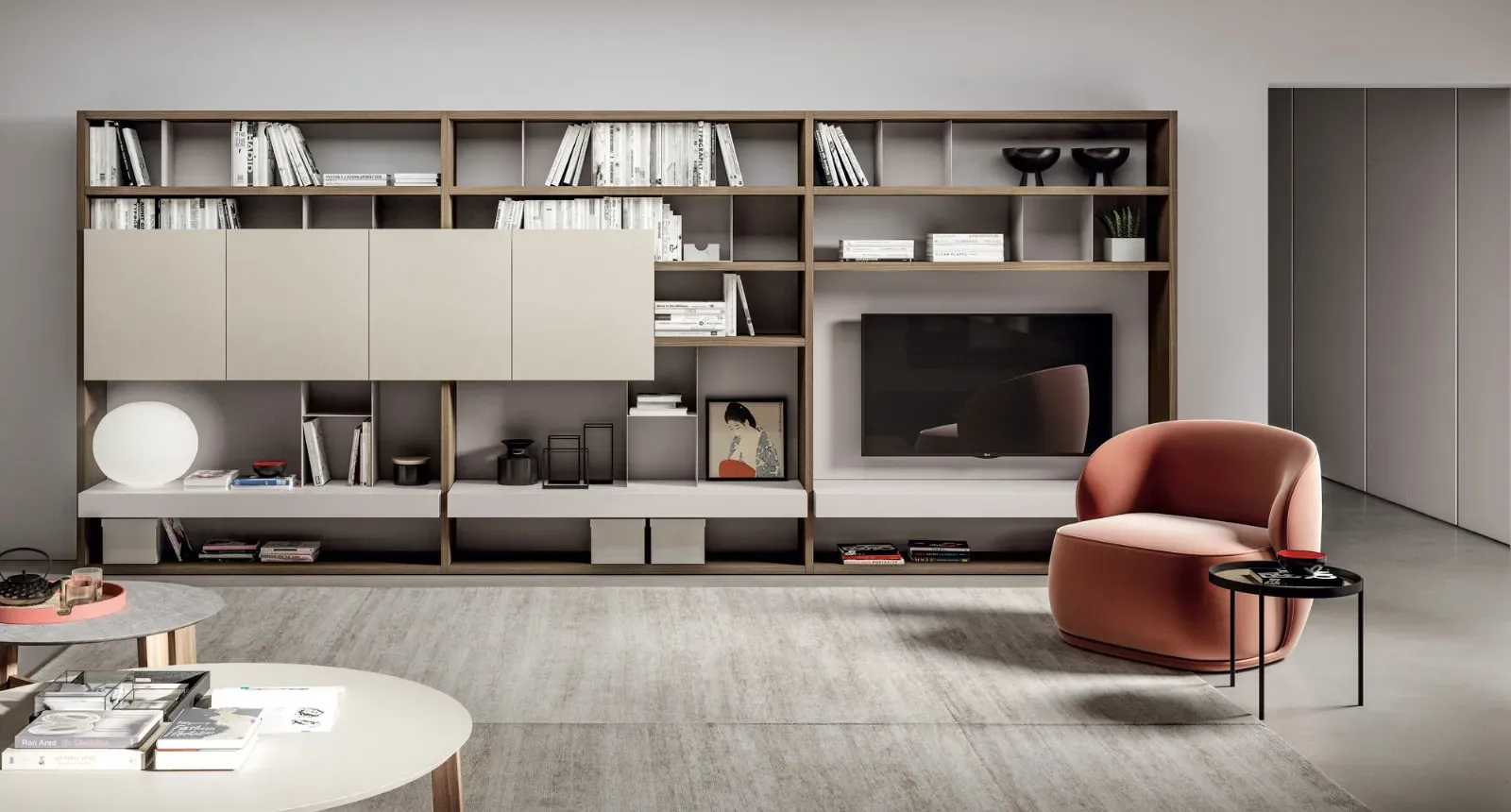Libreria Line Up 10 Dielle Modus con pannello porta TV e ante Air in soggiorno