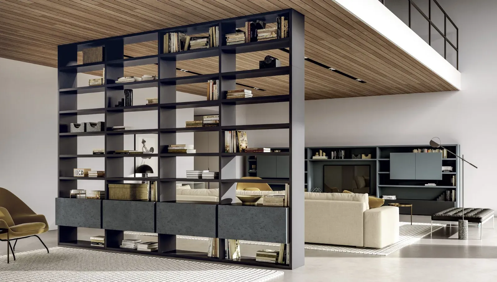 Libreria bifacciale Line Up 13 Dielle Modus usata come divisorio in un loft