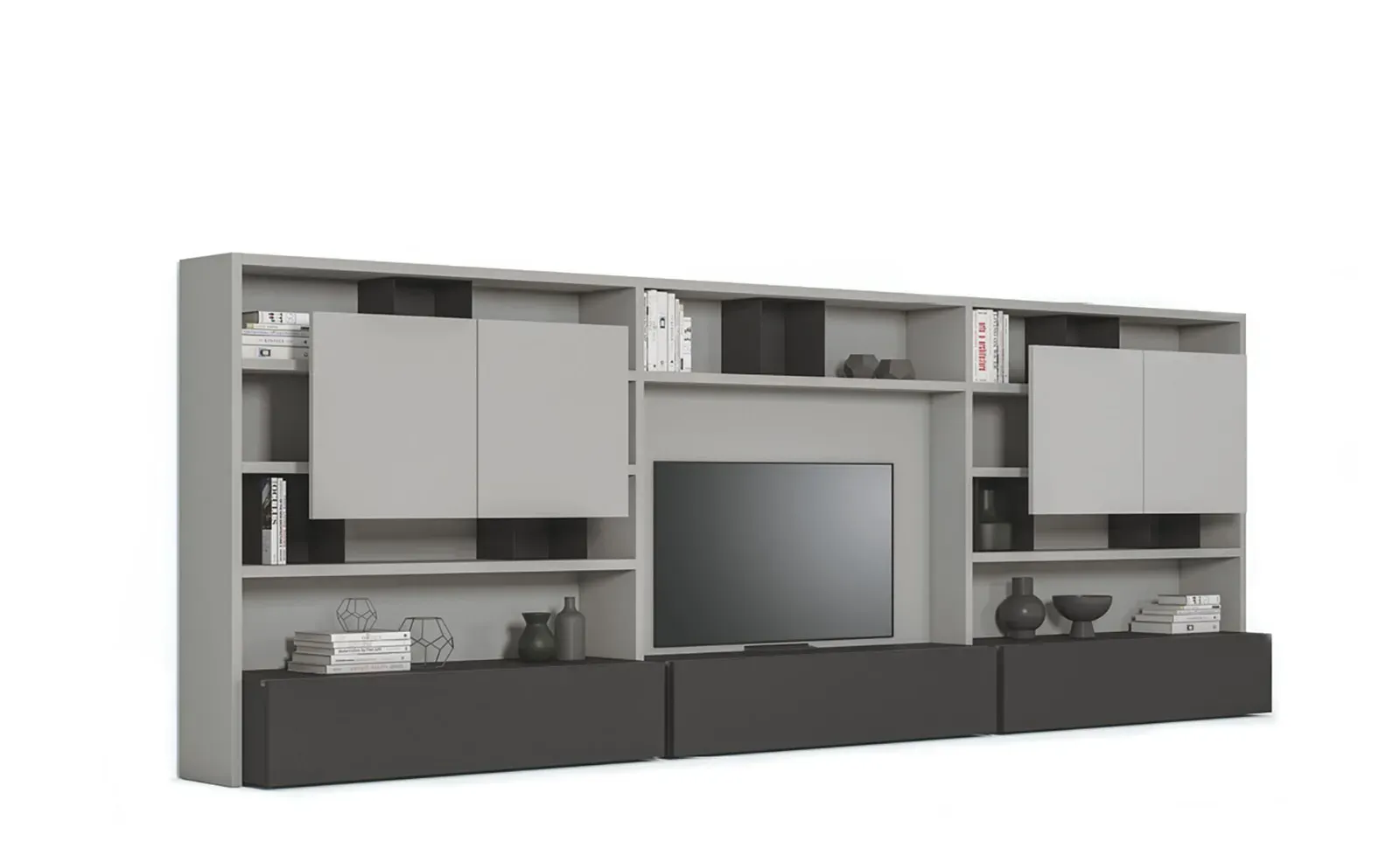 Libreria Line Up 14 Dielle Modus grigia con ante Air chiare e TV, su fondo bianco
