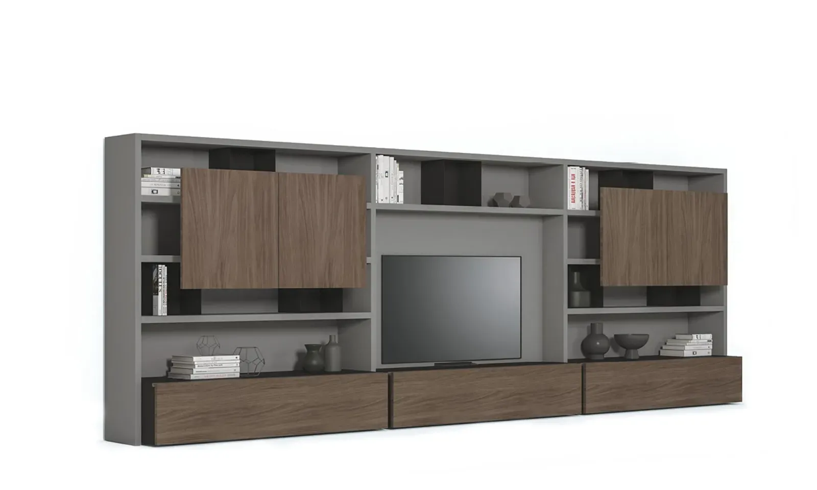 Libreria Line Up 14 Dielle Modus con ante Air in legno scuro, su fondo bianco
