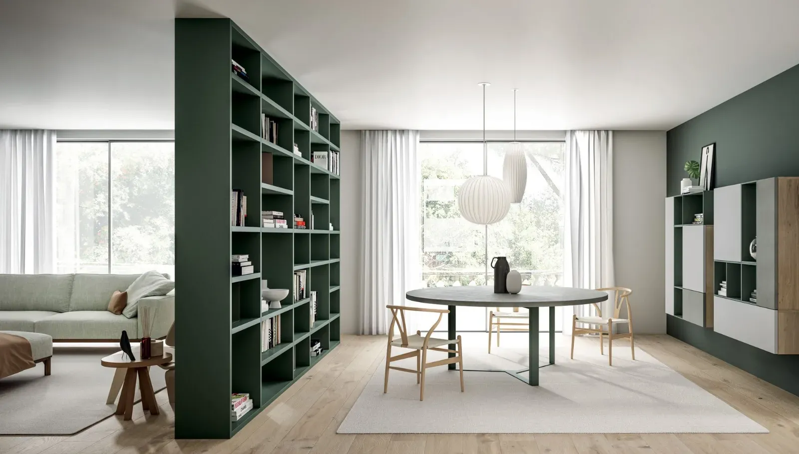 Libreria bifacciale Line Up 17 Dielle Modus verde che divide soggiorno e zona pranzo