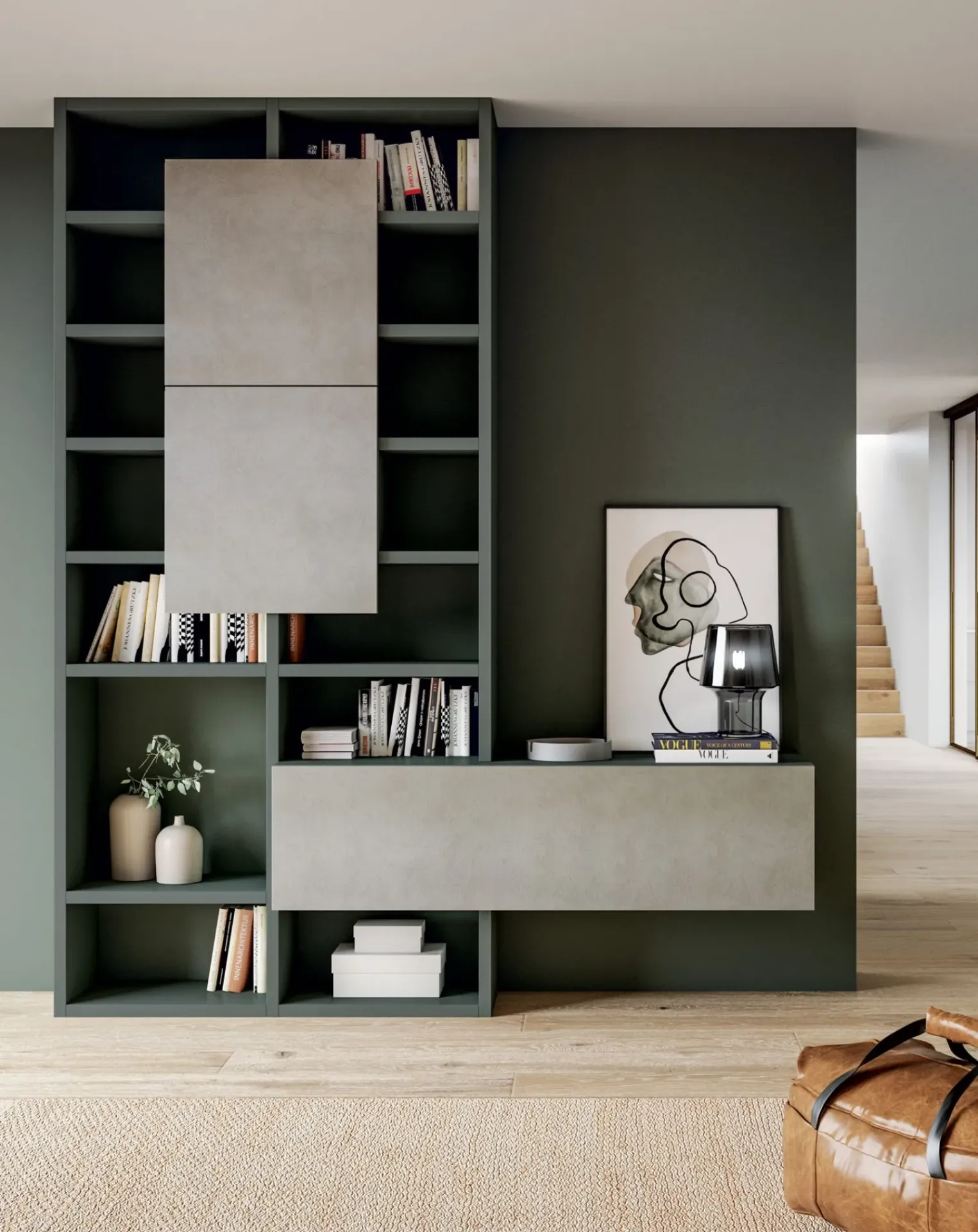 Libreria Line Up 18 Dielle Modus verde con ante Air effetto cemento in un ingresso