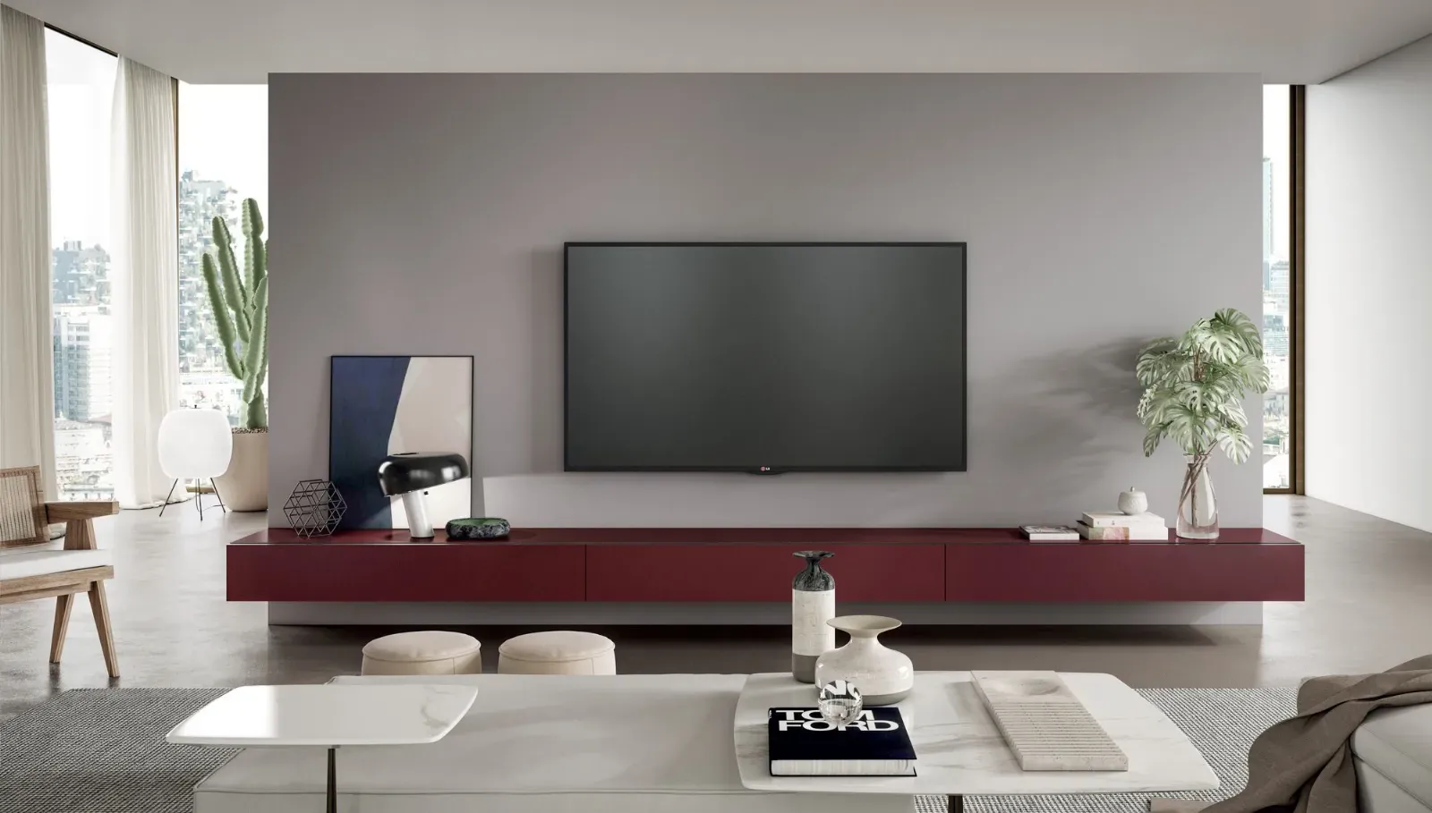 Mobile TV sospeso Line Up 04 Dielle Modus laccato in un soggiorno