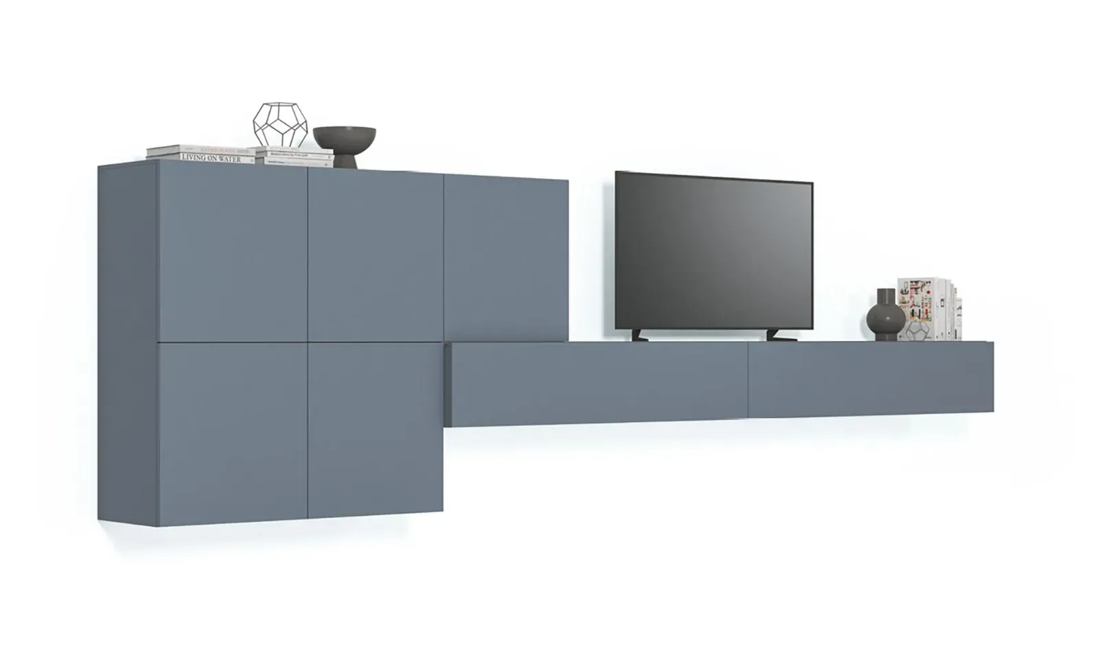 Composizione Line Up 12 Dielle Modus blu con pensile e base porta TV, su fondo bianco