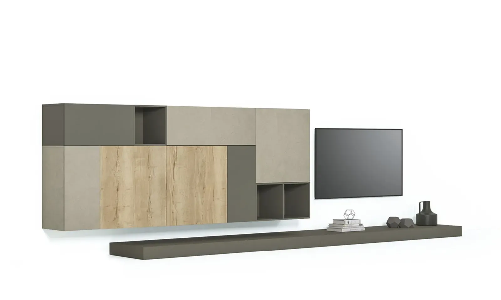 Pensili sospesi Line Up 16 Dielle Modus in rovere e grigio, su fondo bianco