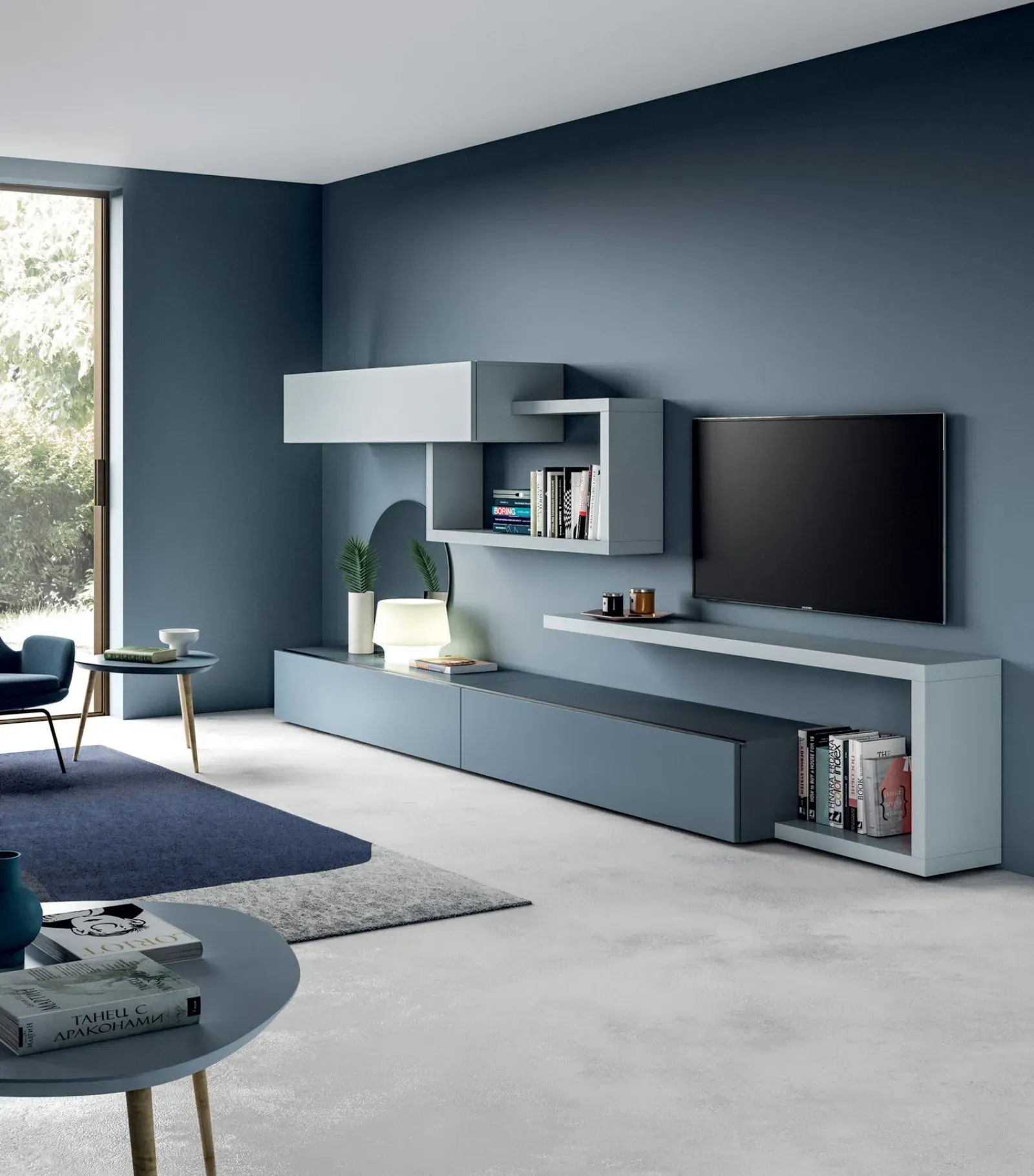 Parete attrezzata Line Up 20 Dielle Modus azzurra con base e pensile a giorno