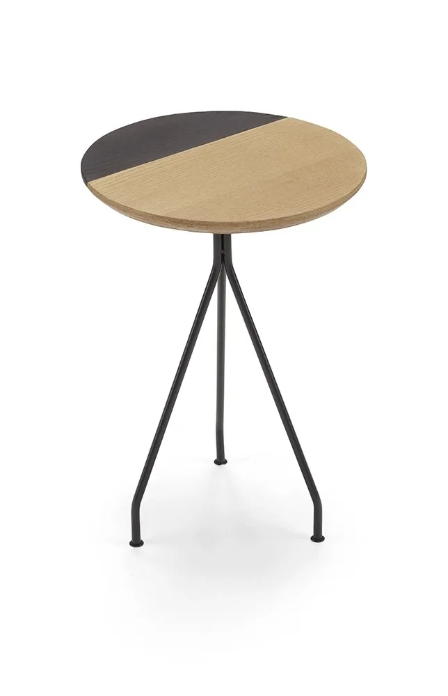 Tavolino basso Cherry L Dienne con tre gambe metalliche e piano tondo bicolore